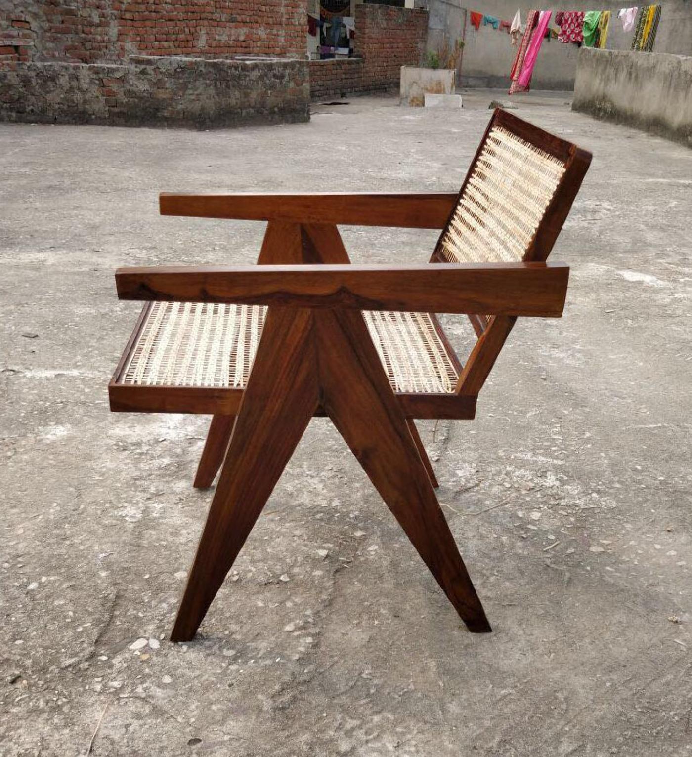 Contemporary Indian Rosewood and Bamboo Modern Chair in the Style of Jeanneret, Chandigarh For Sale