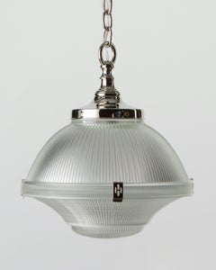 Industrial Holophane Glass Pendant with Decorative Clips and Original Diffuser