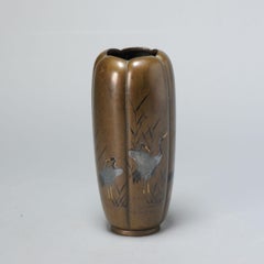 Inlaid Shibuichi Vase in Flower Shape Cranes, Meiji '1868-1912' Era, Early