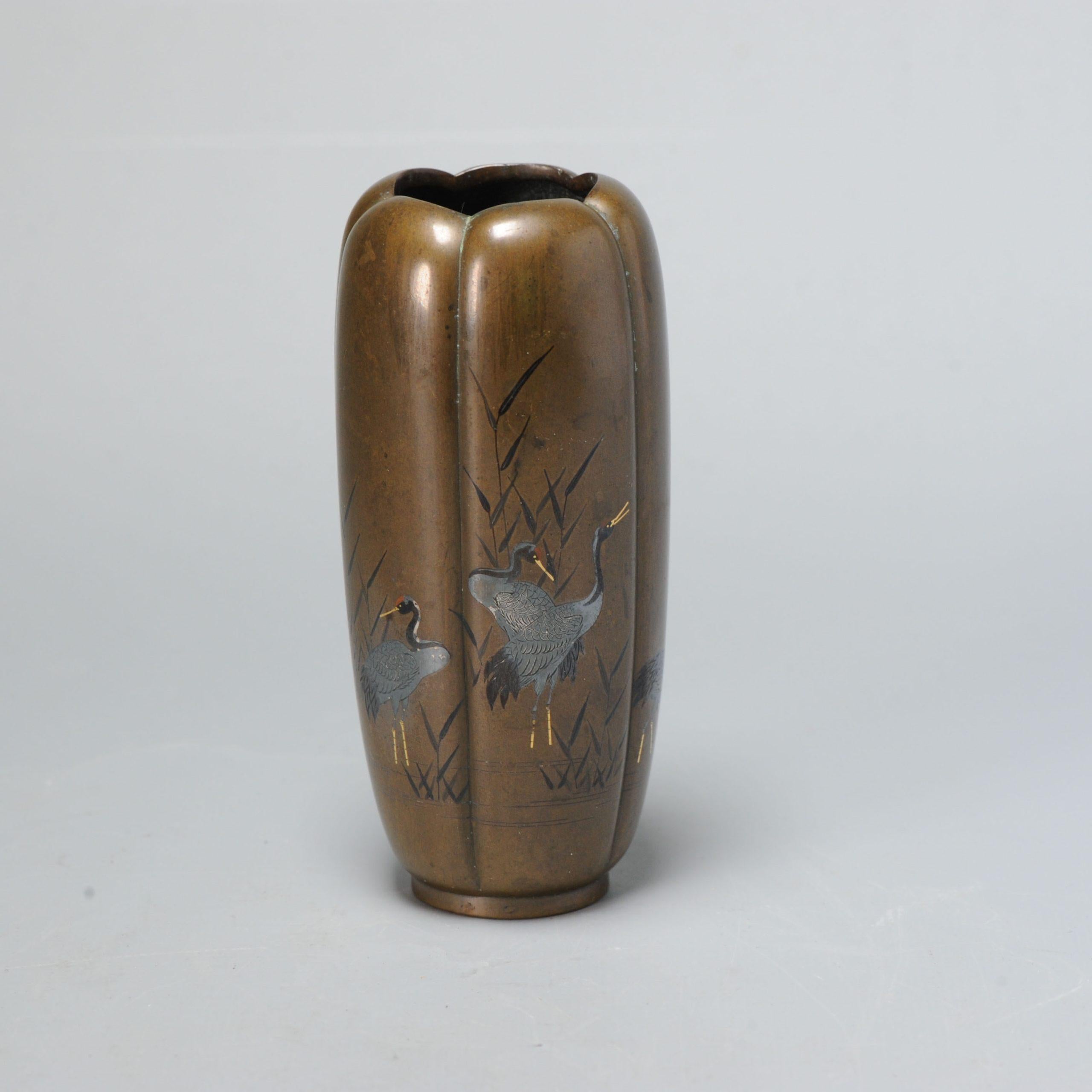 Porcelain Inlaid Shibuichi Vase in Flower Shape Cranes, Meiji '1868-1912' Era, Early For Sale
