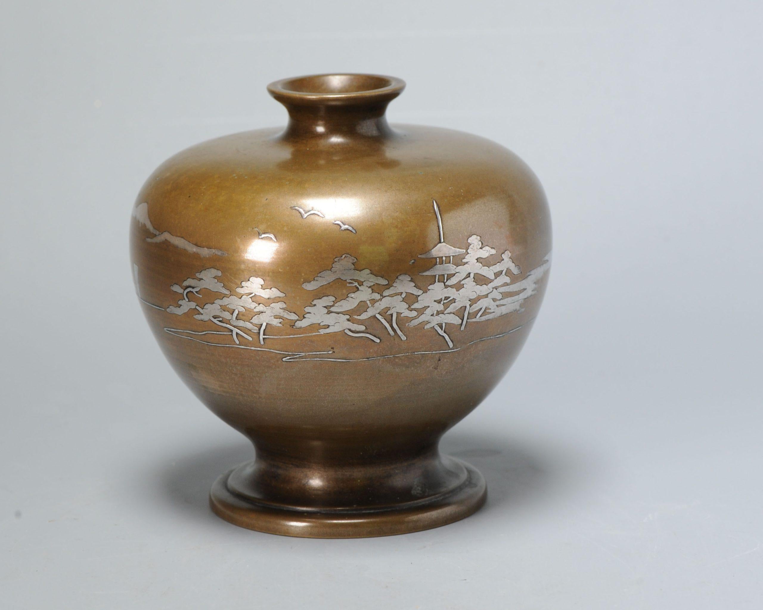 Inlaid Shibuichi Vase in Lovely Shape, Landscape, Meiji Era For Sale 2