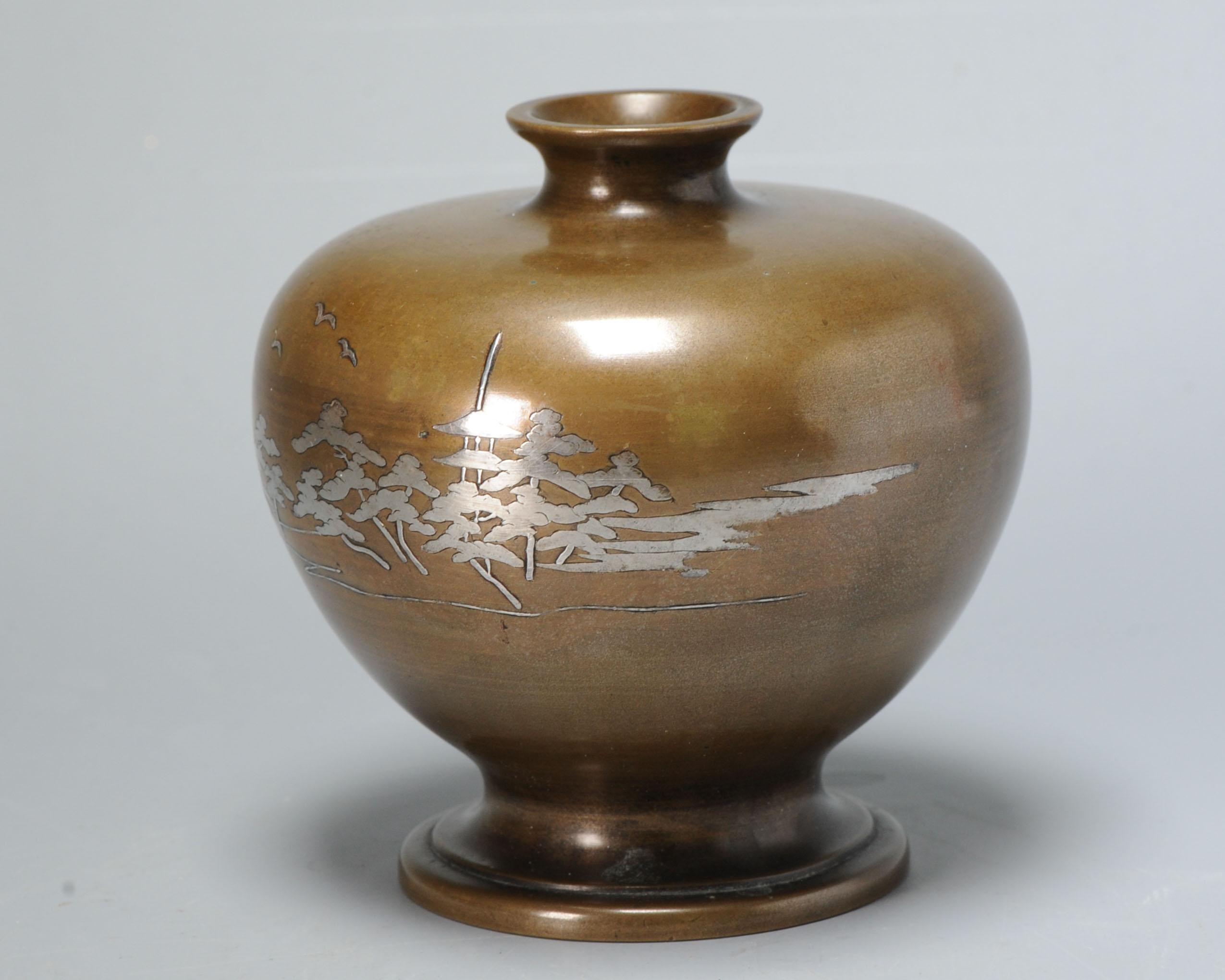 Inlaid Shibuichi Vase in Lovely Shape, Landscape, Meiji Era For Sale 3