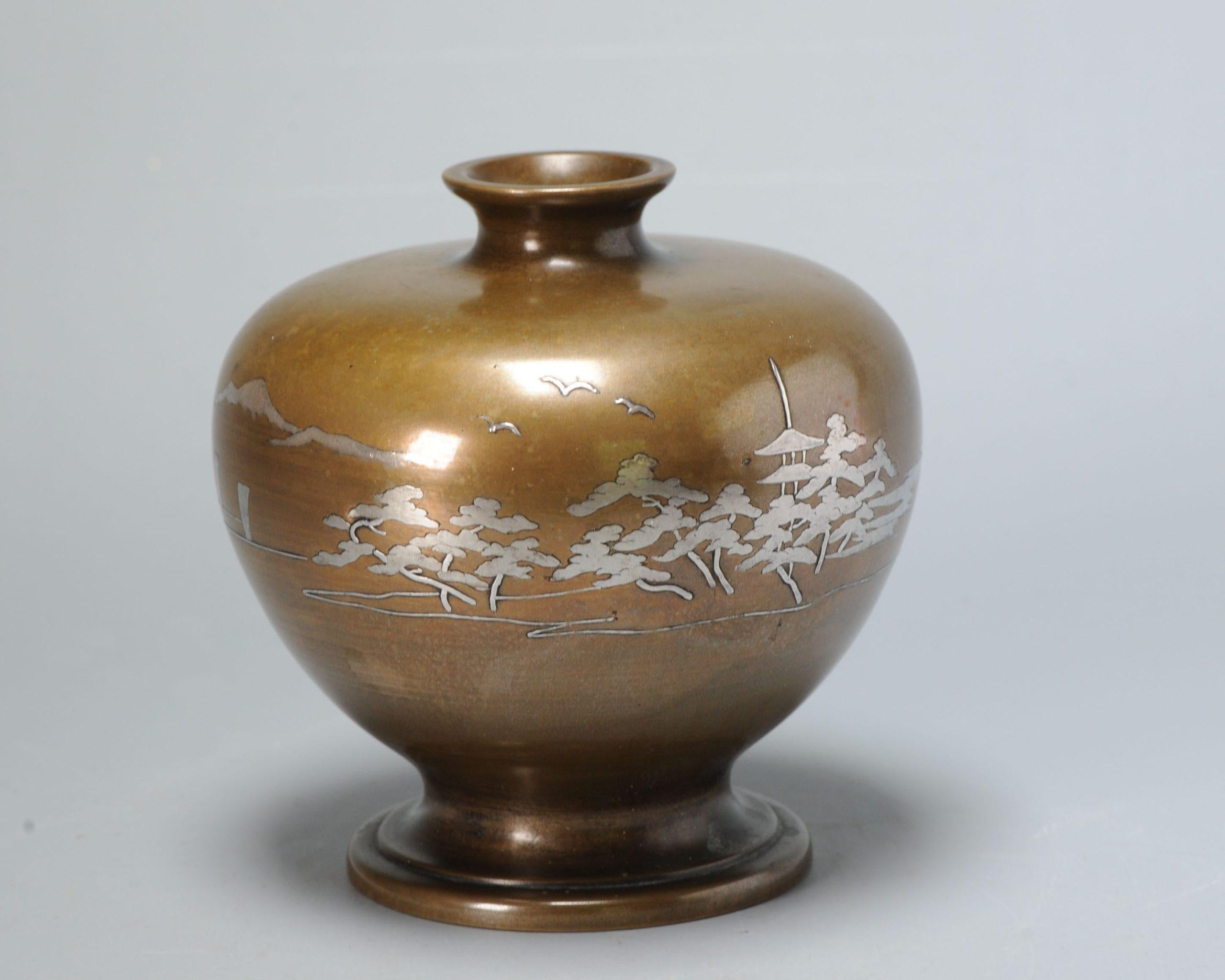 19th Century Inlaid Shibuichi Vase in Lovely Shape, Landscape, Meiji Era For Sale