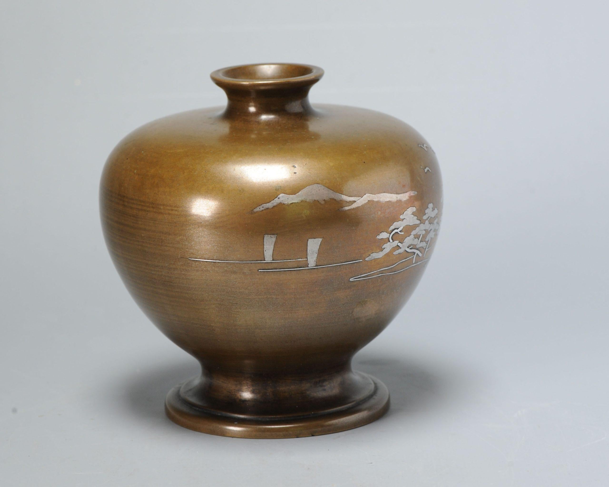 Inlaid Shibuichi Vase in Lovely Shape, Landscape, Meiji Era For Sale 1