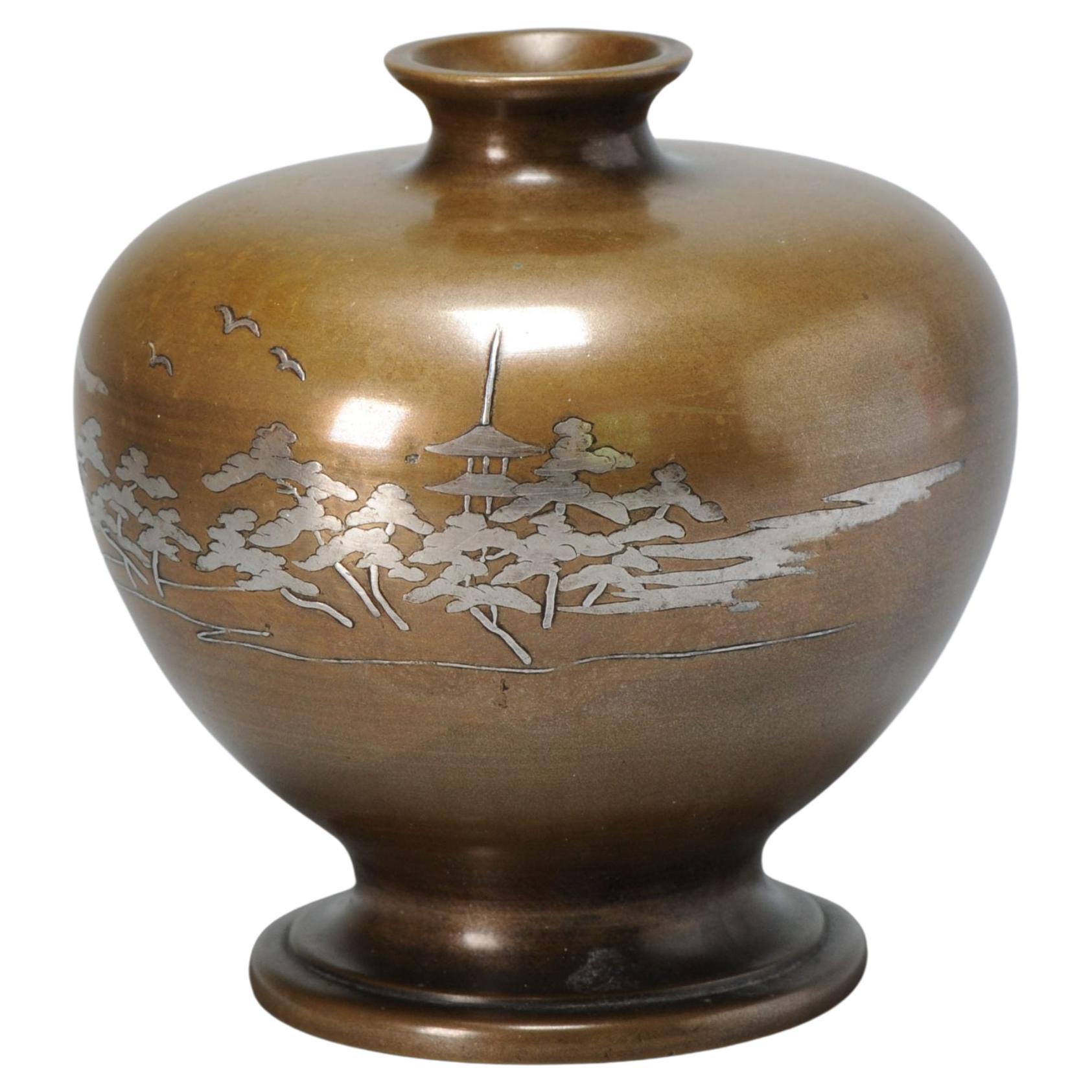 Inlaid Shibuichi Vase in Lovely Shape, Landscape, Meiji Era