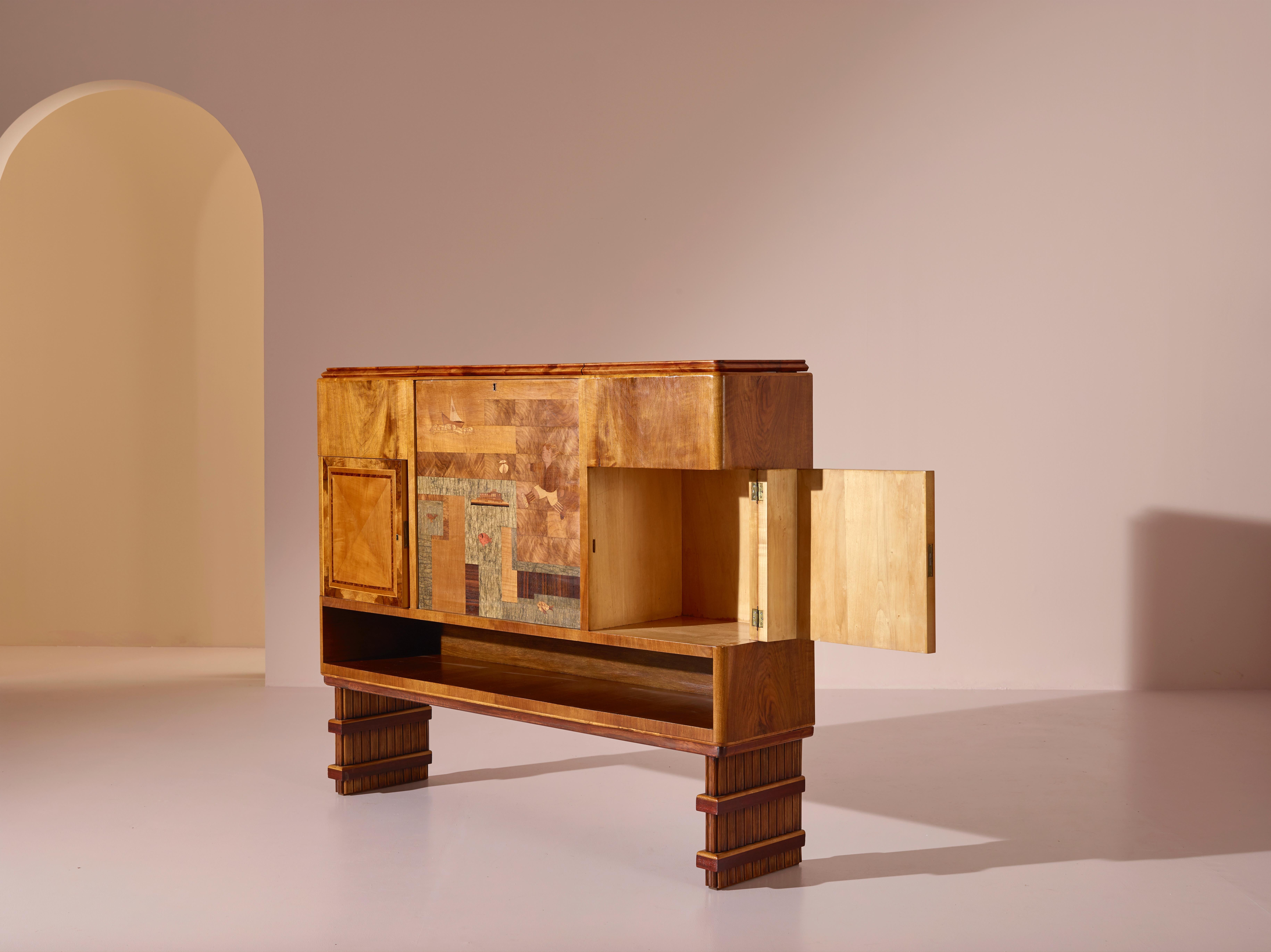 Mid-20th Century Inlaid Wood Drink Cabinet Produced in Italy in the 1940s by Luigi Buder