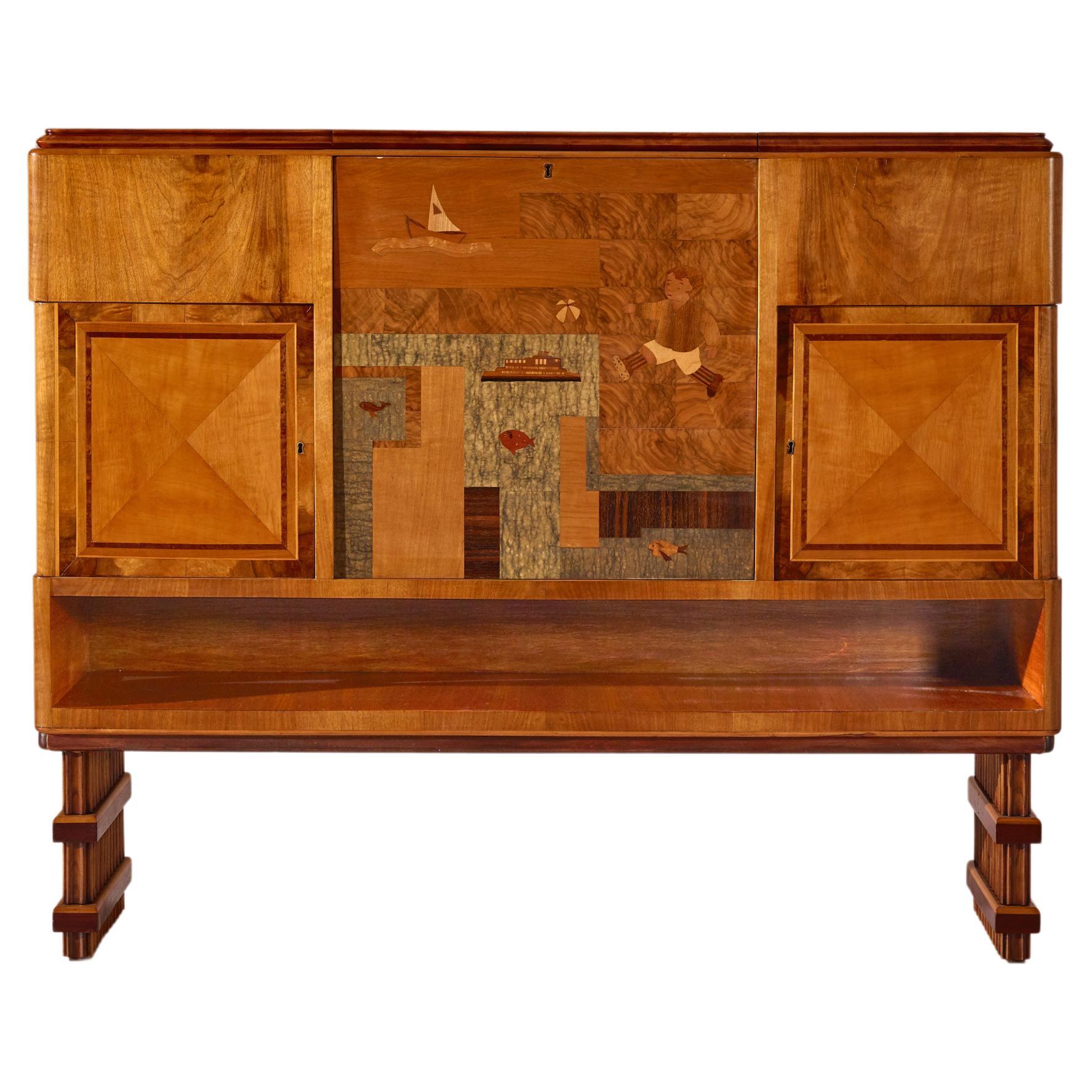 Inlaid Wood Drink Cabinet Produced in Italy in the 1940s by Luigi Buder