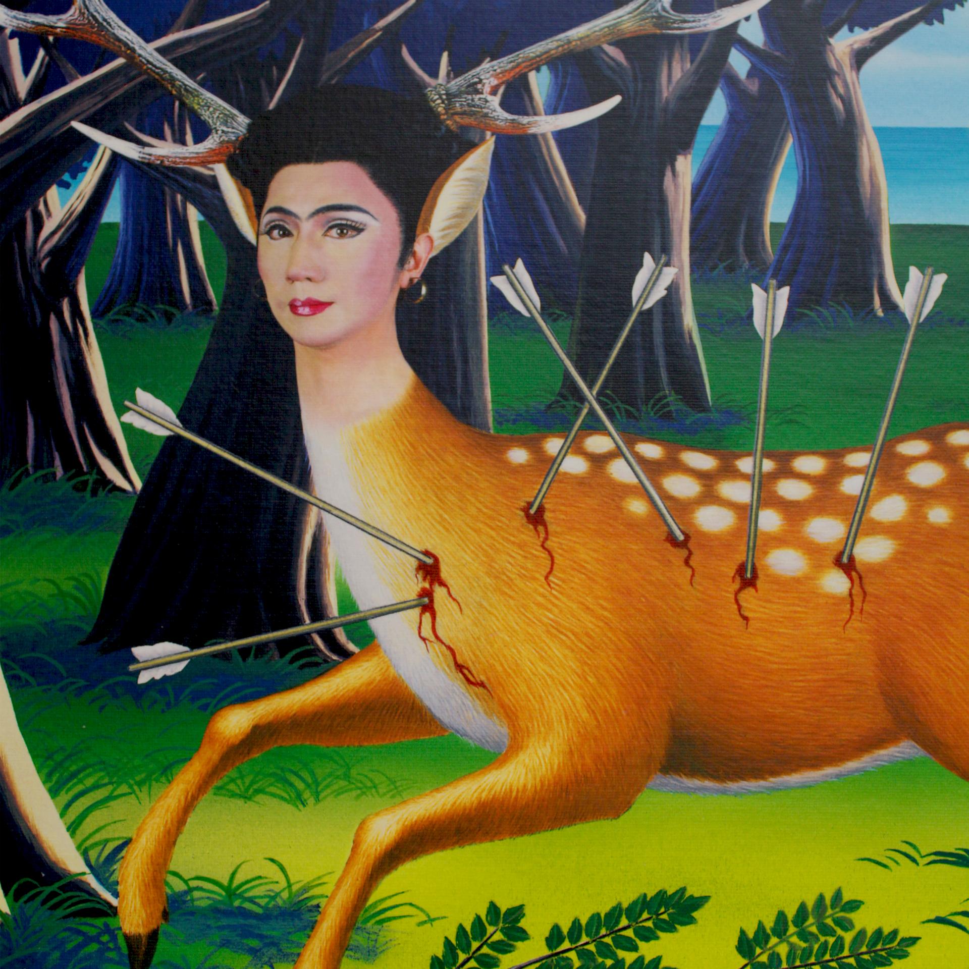 An inner dialogue with Frida Kahlo (Fairy Tale) Work by Yasumasa Morimura. Executed in 2001. 
C-print on canvas.
Signed and numbered 3/5 with a label attached to the reverse.
Solid wood frame covered in gold leaf (Original frame by the