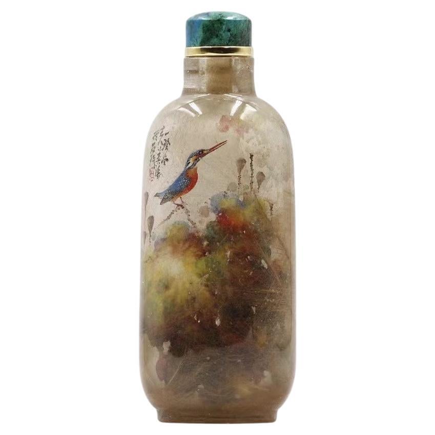 Inside Painted Crystal, "Bird in Autumn" Snuff Bottle by Li Yingtao 2012 For Sale