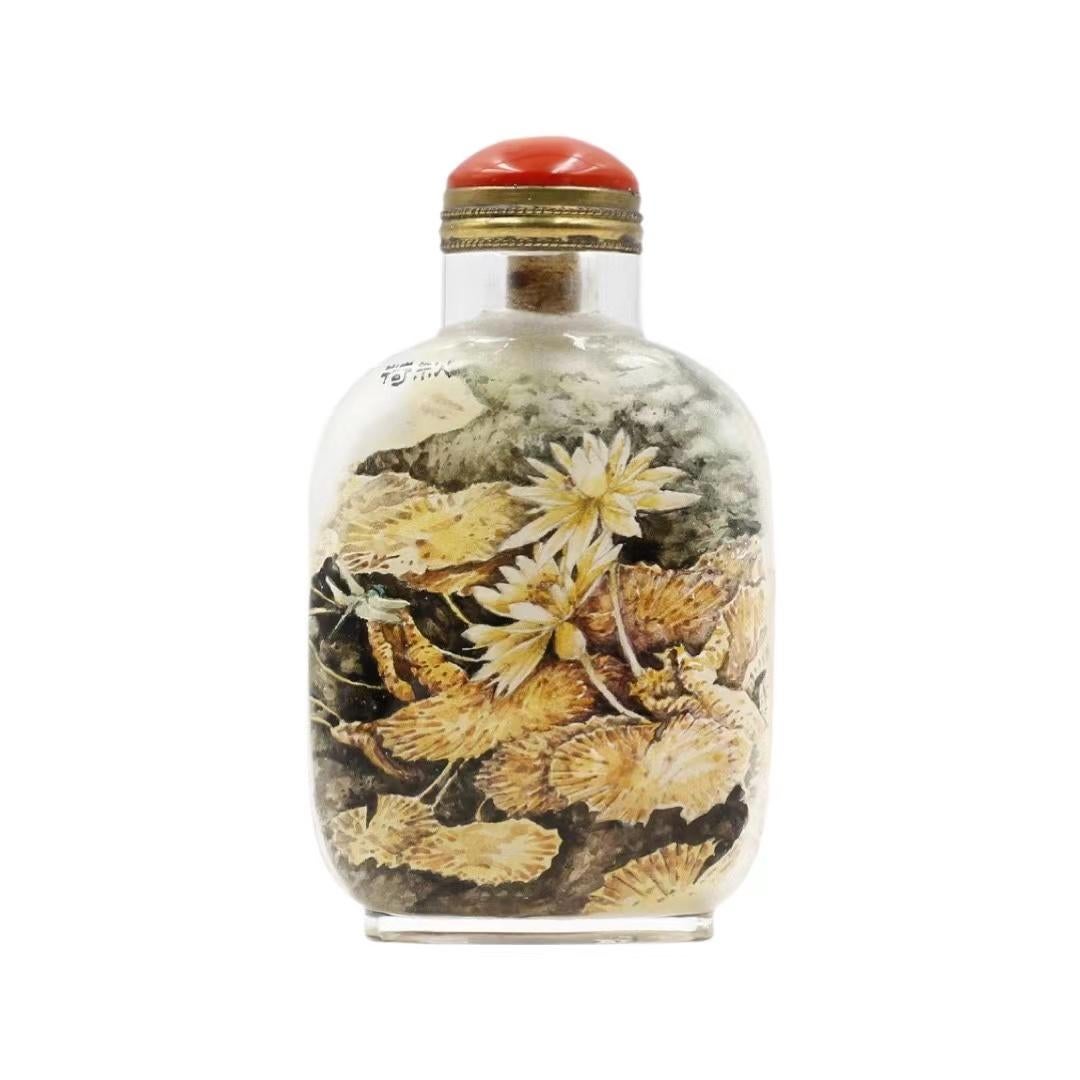 Inside Painted Glass, "Lotus in Autumn" Snuff Bottle by Zhang Zenlou 2009 For Sale