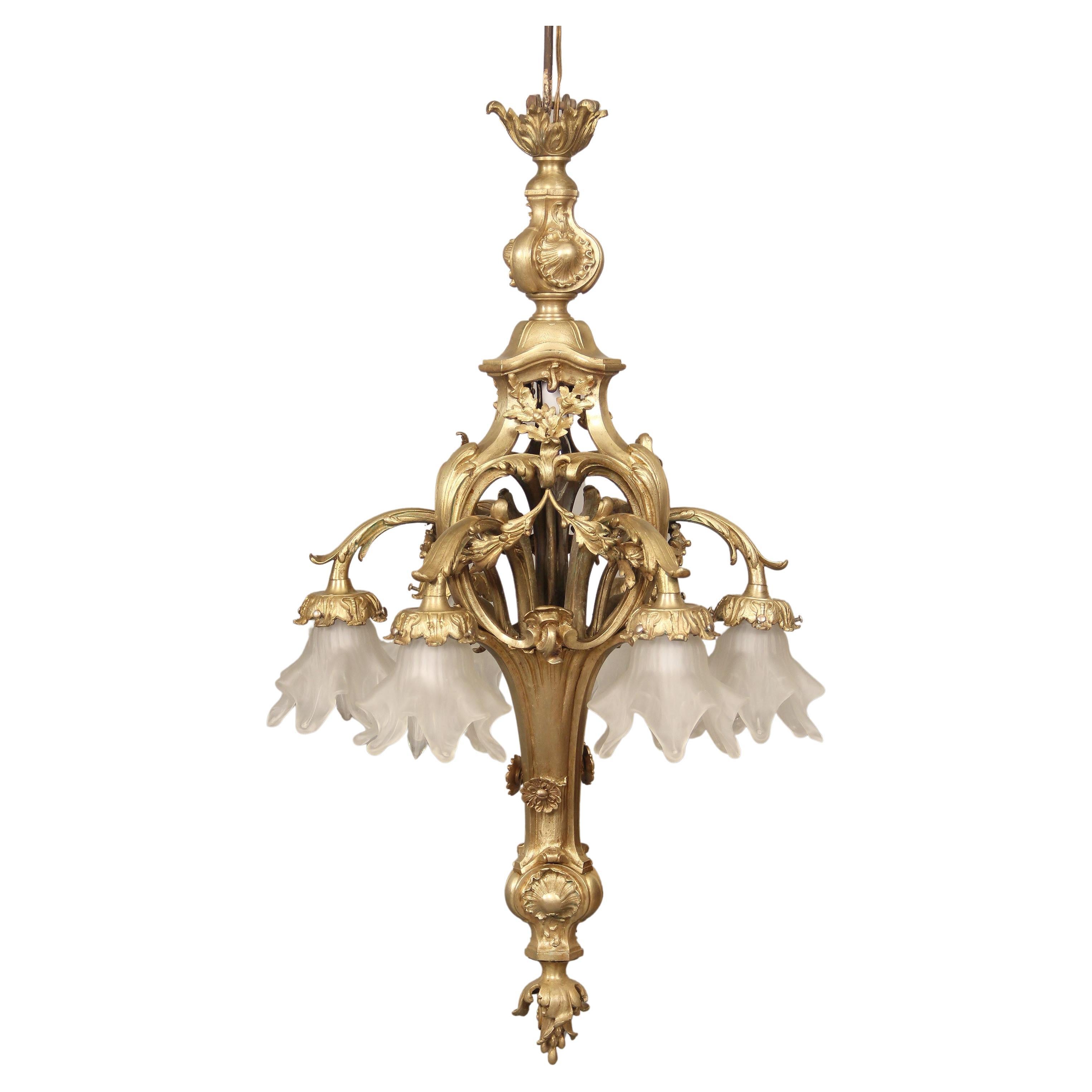 An Interesting Early 20th Century Gilt Bronze Six Light Chandelier For Sale