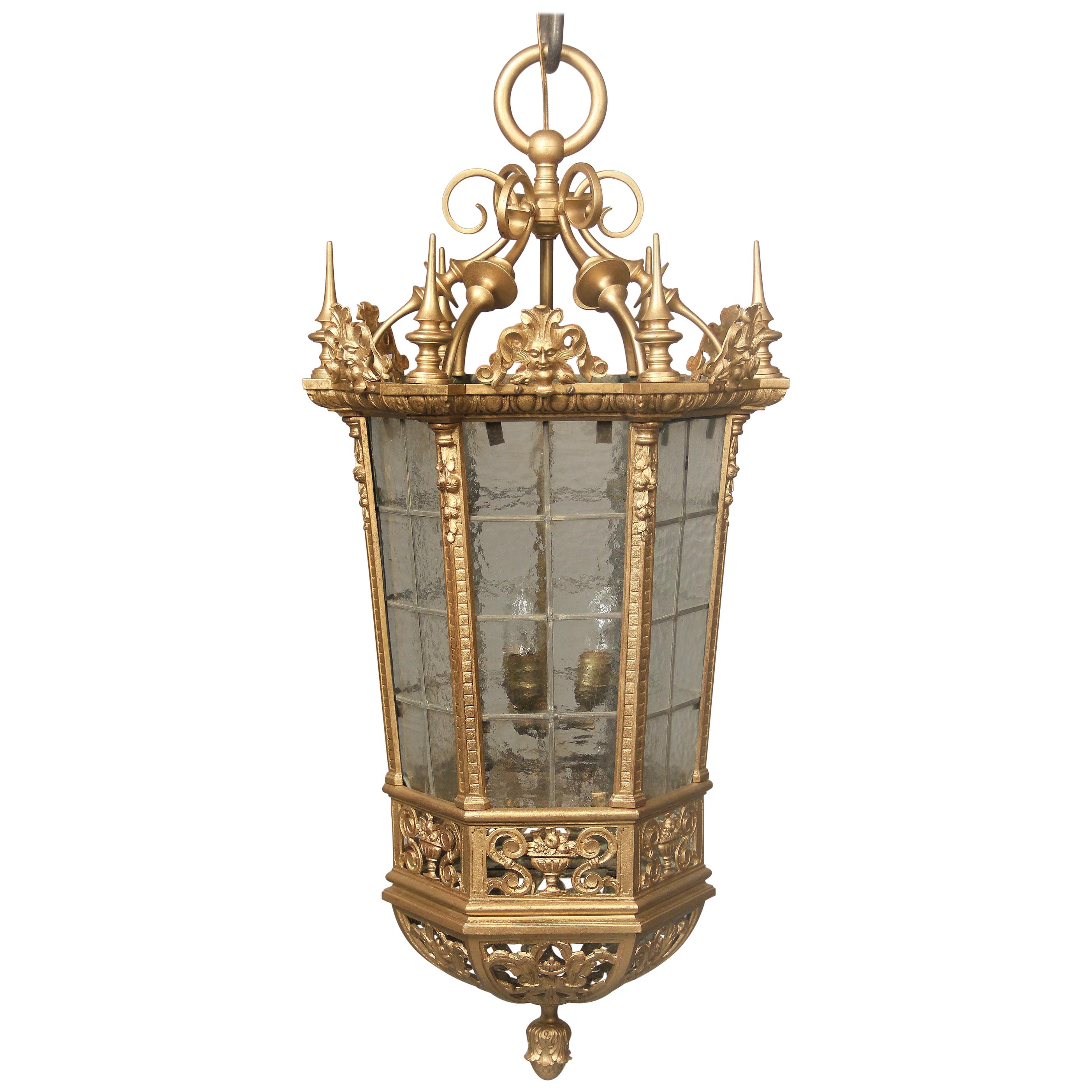 Interesting Late 19th Century Gilt Bronze and Rippled Glass Gothic Lantern