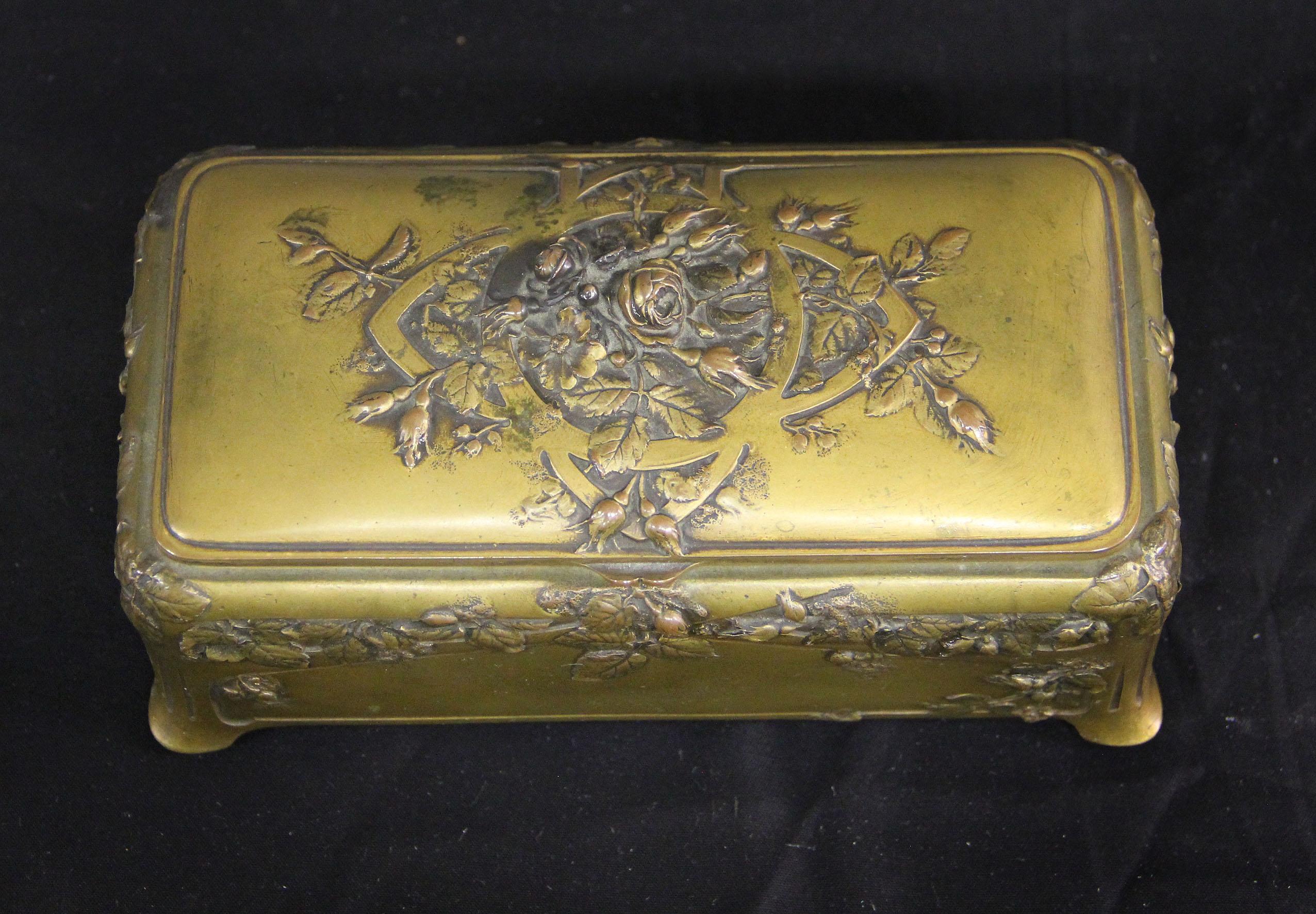 An interesting late 19th century gilt bronze jewelry box

The front, top and sides of the box is designed with bronze flowers and foliage.