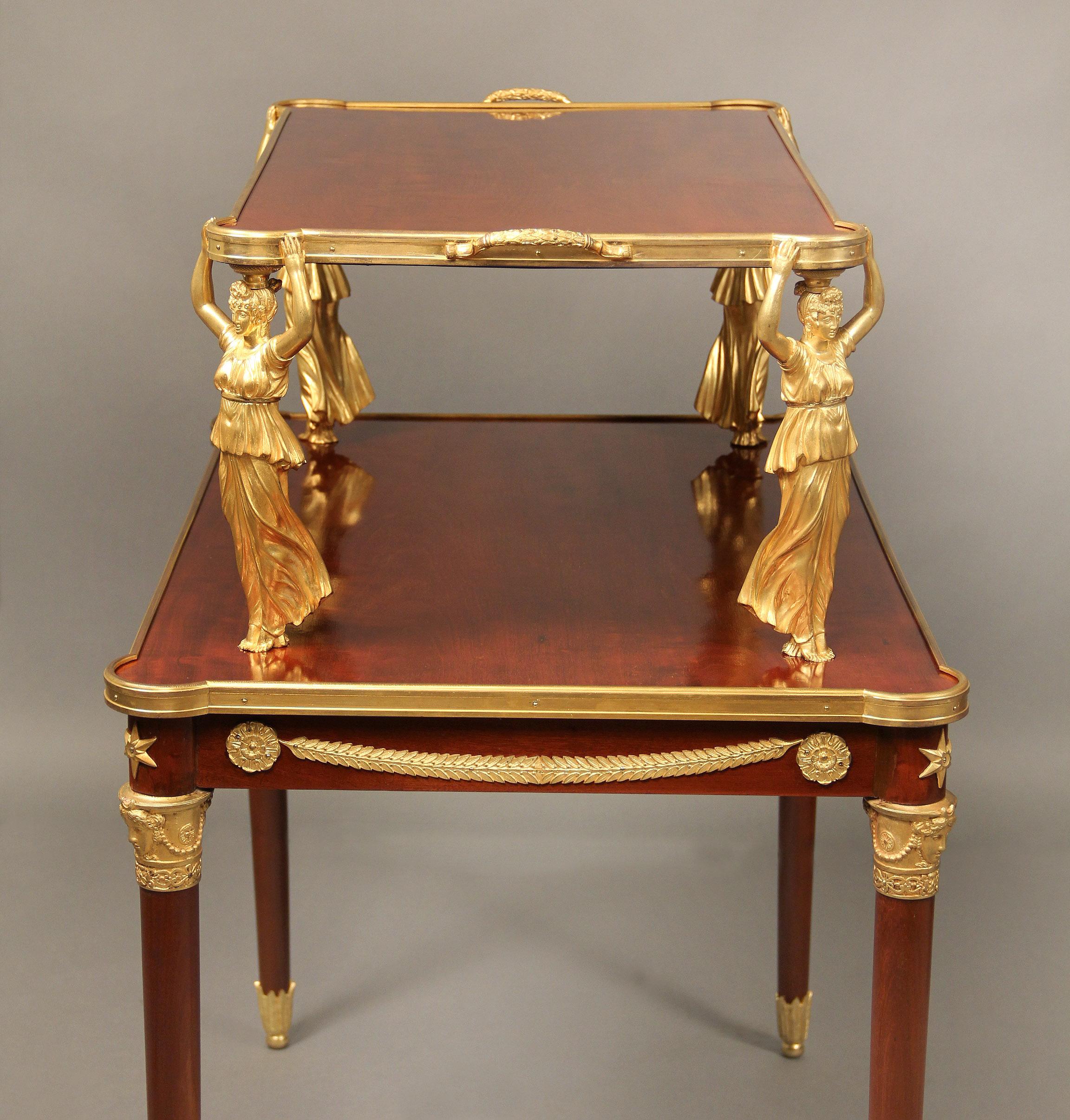An interesting late 19th century gilt bronze mounted Empire style tea table

The rectangular two-tier table supported by four scantily clad female bronze figures, each leg adorned with a star and female masks.