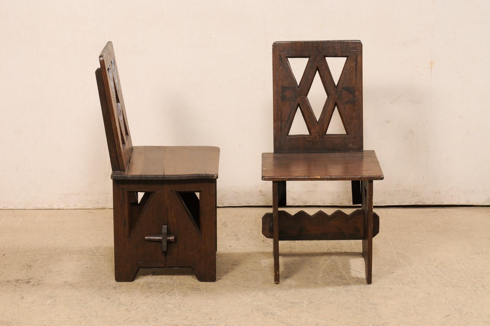 20th Century Interesting Pair of Carved Fire-Side Chairs W/Geometric Cut-Outs, N. Africa
