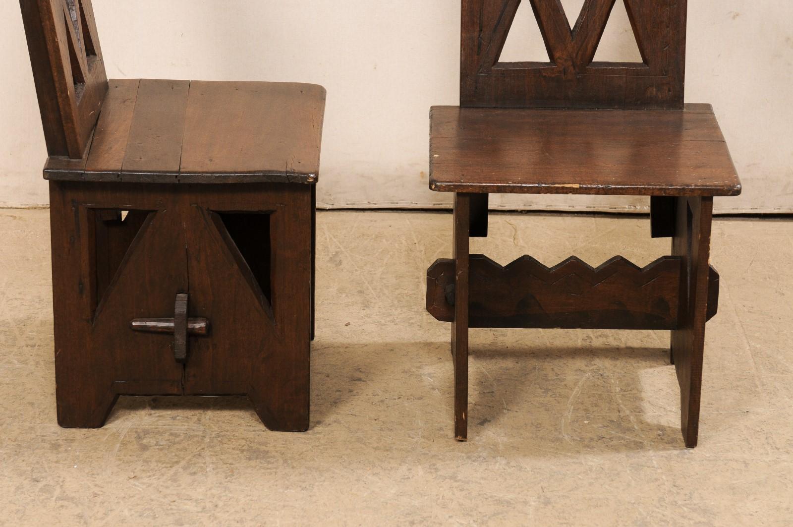 Wood Interesting Pair of Carved Fire-Side Chairs W/Geometric Cut-Outs, N. Africa