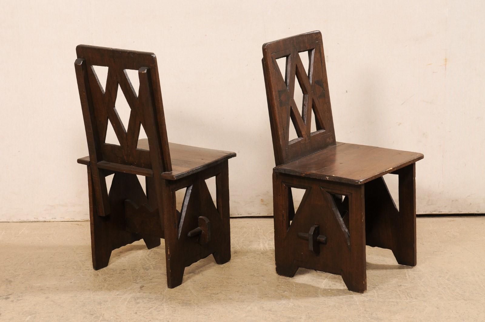 Interesting Pair of Carved Fire-Side Chairs W/Geometric Cut-Outs, N. Africa 1