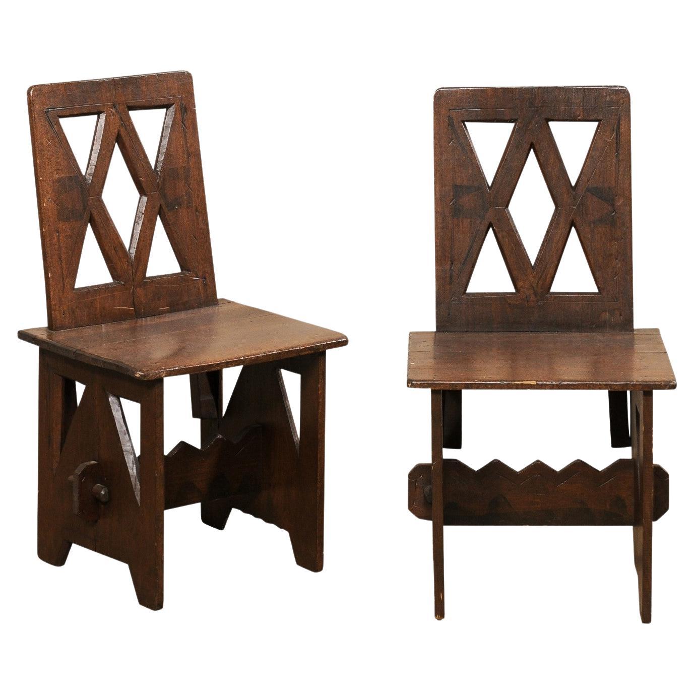 Interesting Pair of Carved Fire-Side Chairs W/Geometric Cut-Outs, N. Africa