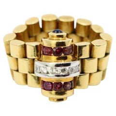 An Interesting Retro 18K Gold Diamond Ruby Ring Watch Strap Link Style