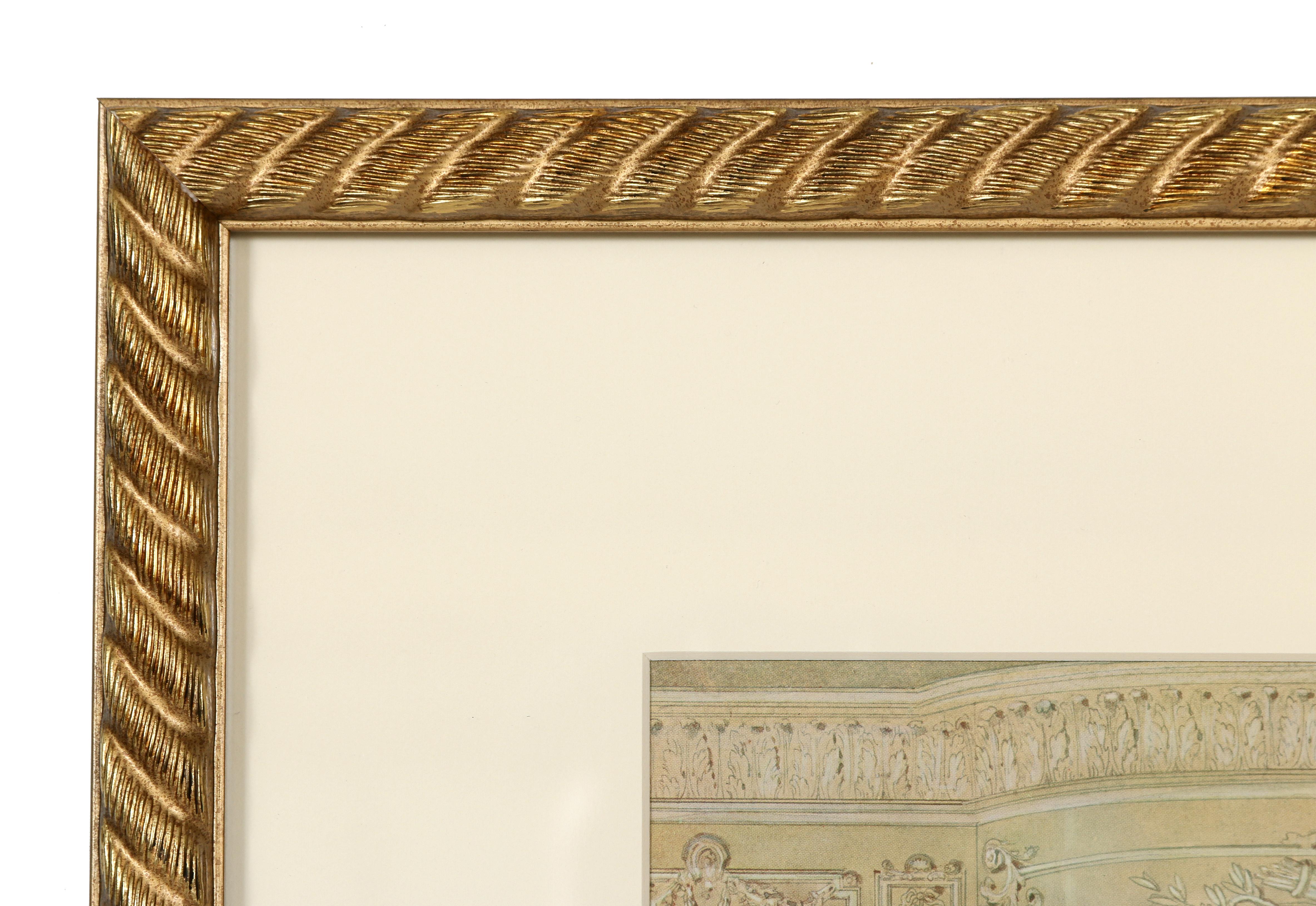 A framed print of an elegant traditional bed chamber featuring a formal canopy bed; matted and finished in a gilt wood frame.