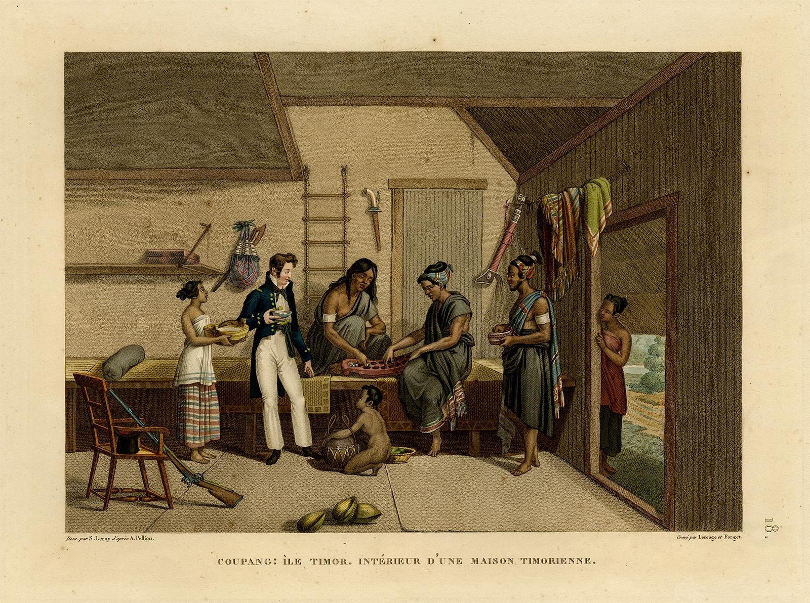 Antique print, titled: 'Coupang: Ile Timor. Interieur d'une Maison Timorienne.' - ('Coupang, Timor Island. Interior of a Timor house'). 

View of the interior of a house, with native family and a European visitor. Source: 'Voyage autour du monde