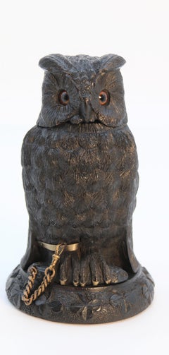 Irish Bog Oak Hand Carved Inkstand in the Form of an Owl 'Cornelius Goggin'