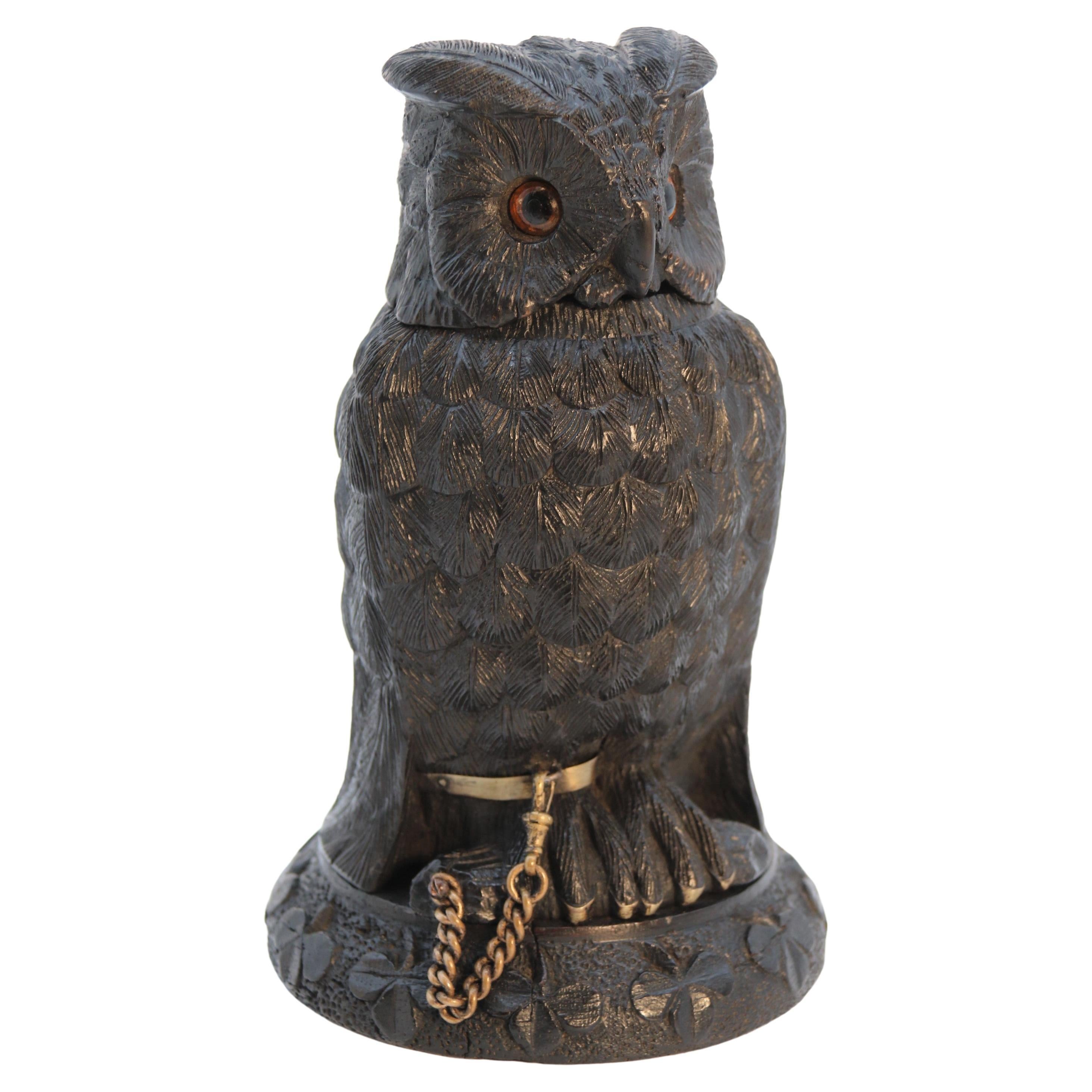 Irish Bog Oak Hand Carved Inkstand in the Form of an Owl 'Cornelius Goggin' For Sale