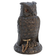 Irish Bog Oak Hand Carved Inkstand in the Form of an Owl 'Cornelius Goggin'
