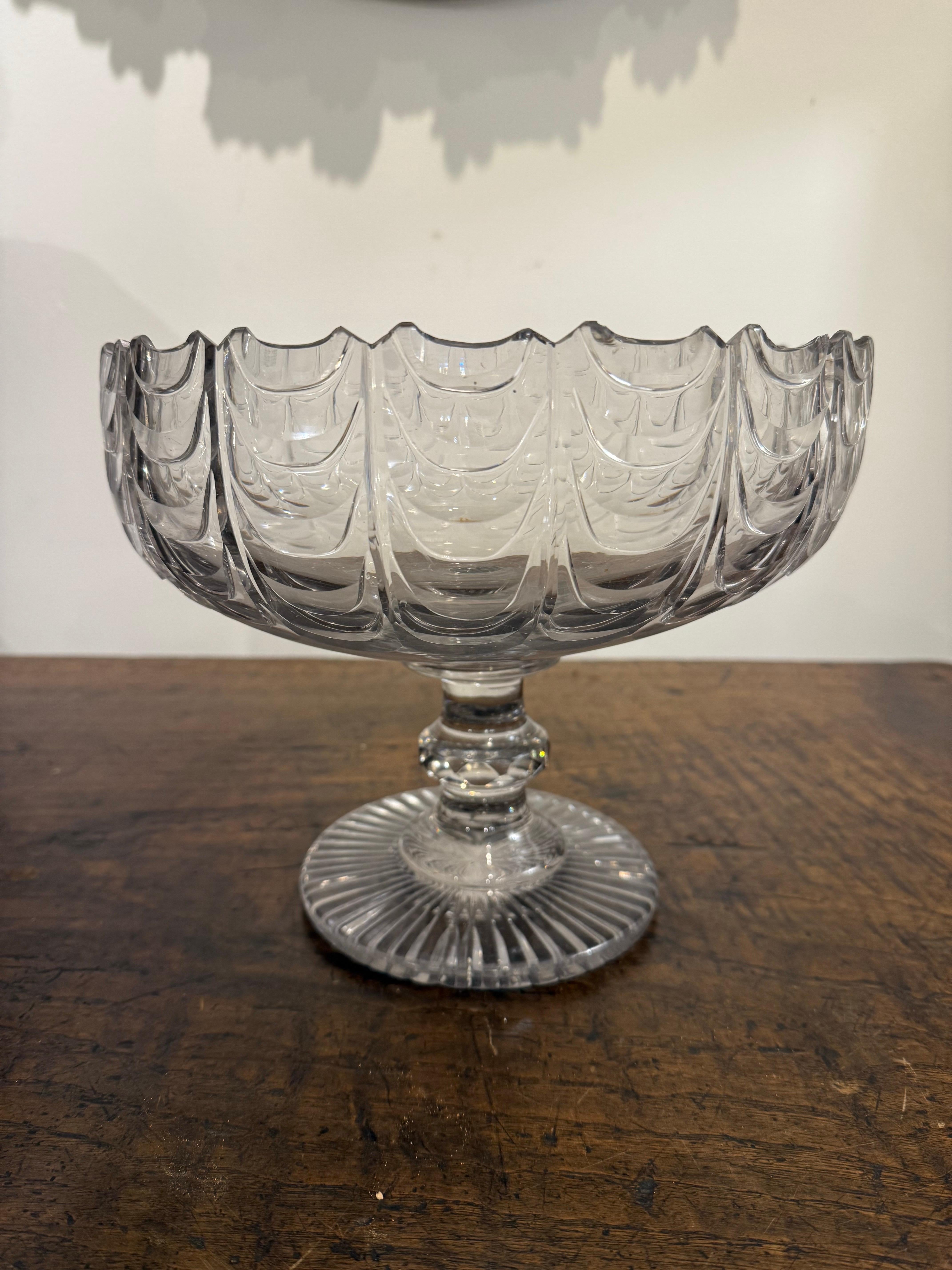 An Irish Crystal Standing Fruit/Salad Bowl Attributed to Waterford, 18th Century

The bowl cut with tiers of festoons below an inverted scallop rim, standing on a pedestal with a central faceted knop, on a radially cut foot.

Provenance: Private