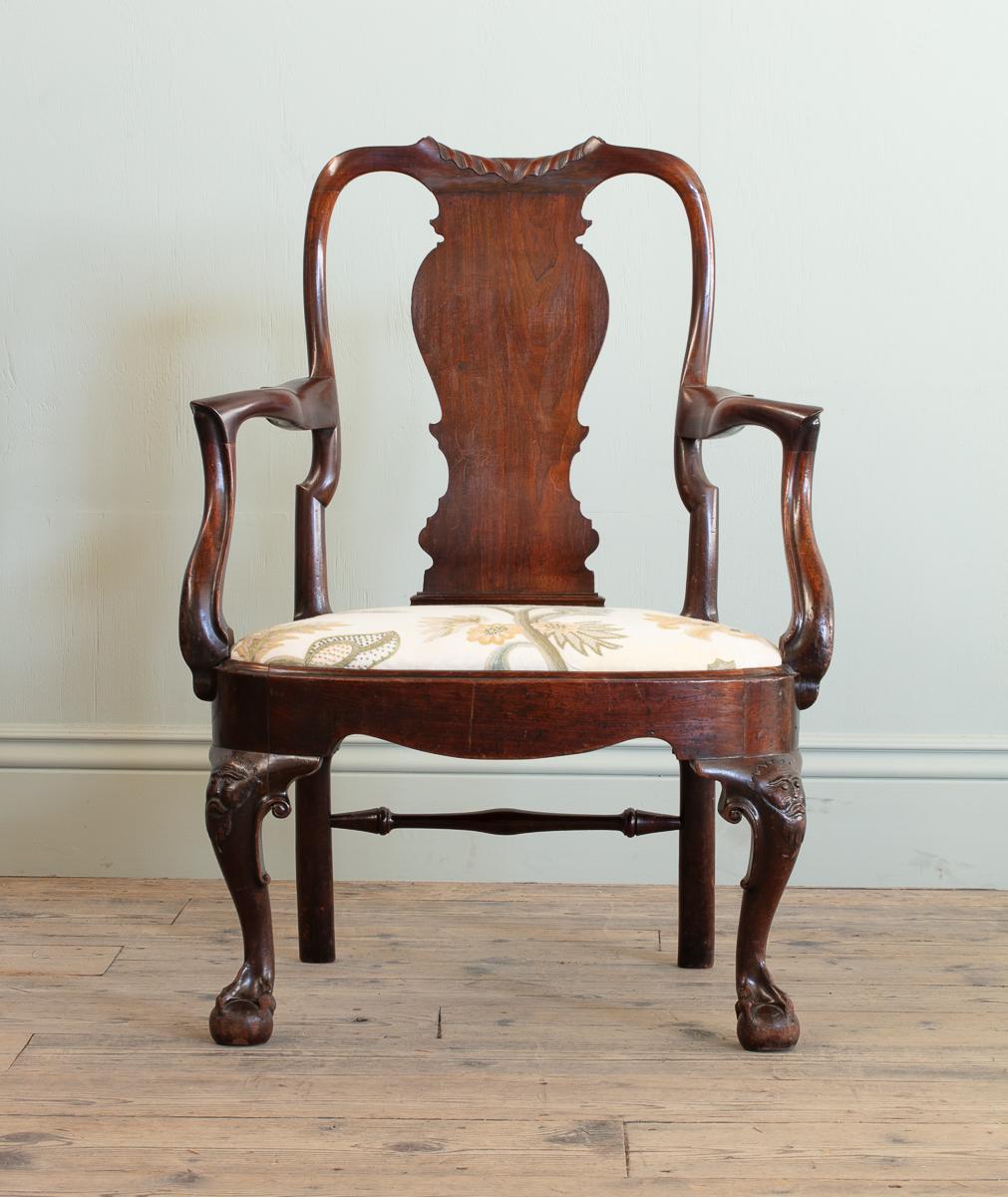 An Irish George II Red Walnut Open Armchair For Sale 1