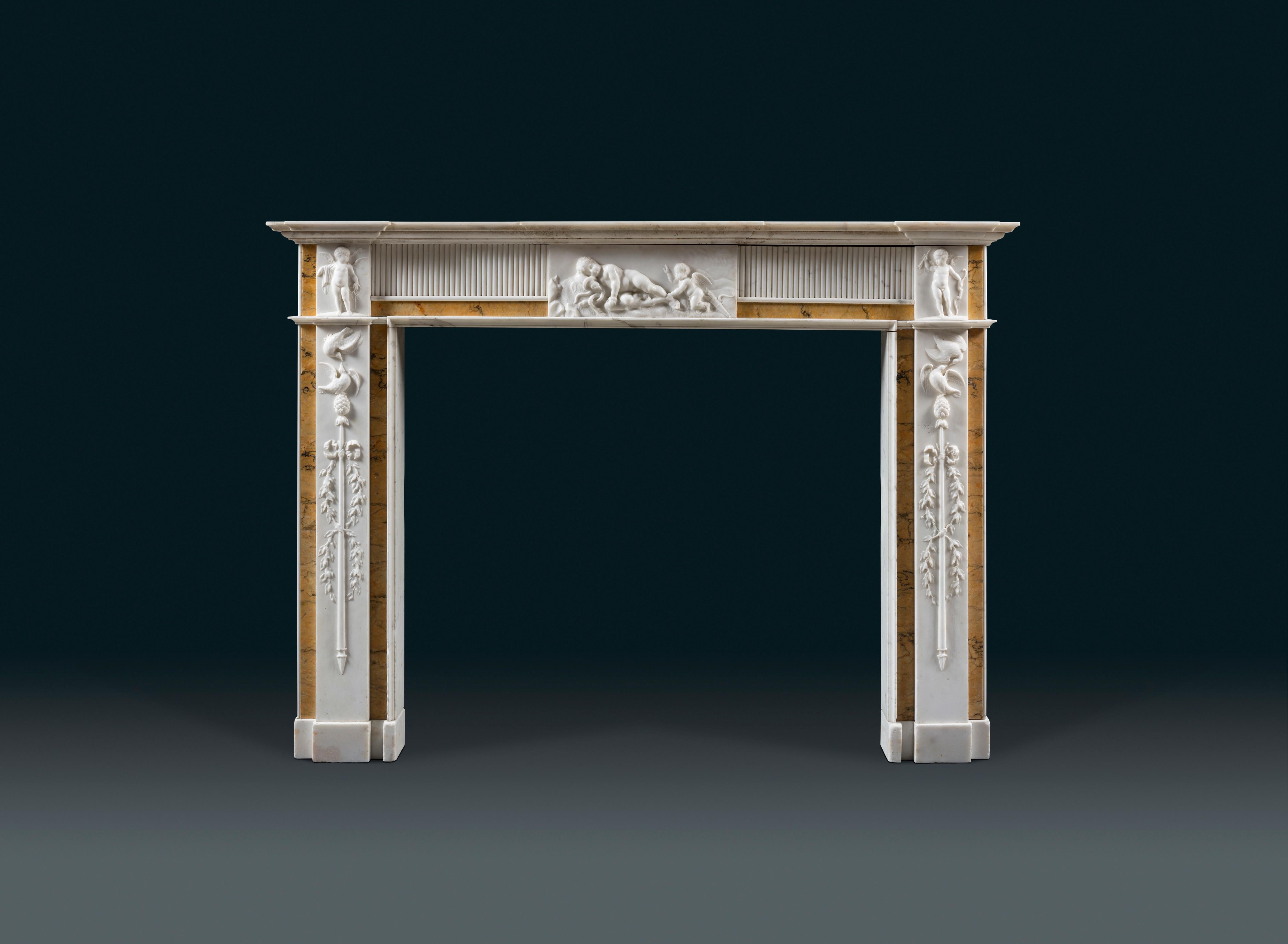 Carved Irish George III Neoclassical Mantle in Statuary Marble with Sienna Inlays