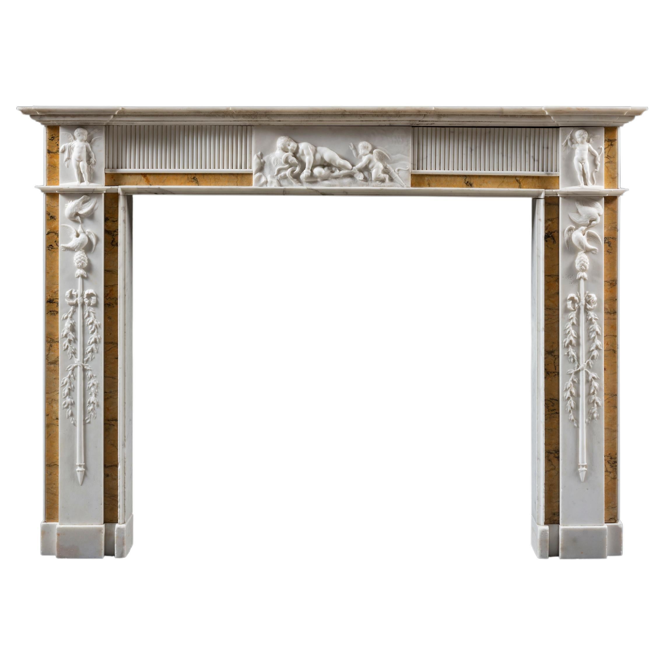 Irish George III Neoclassical Mantle in Statuary Marble with Sienna Inlays