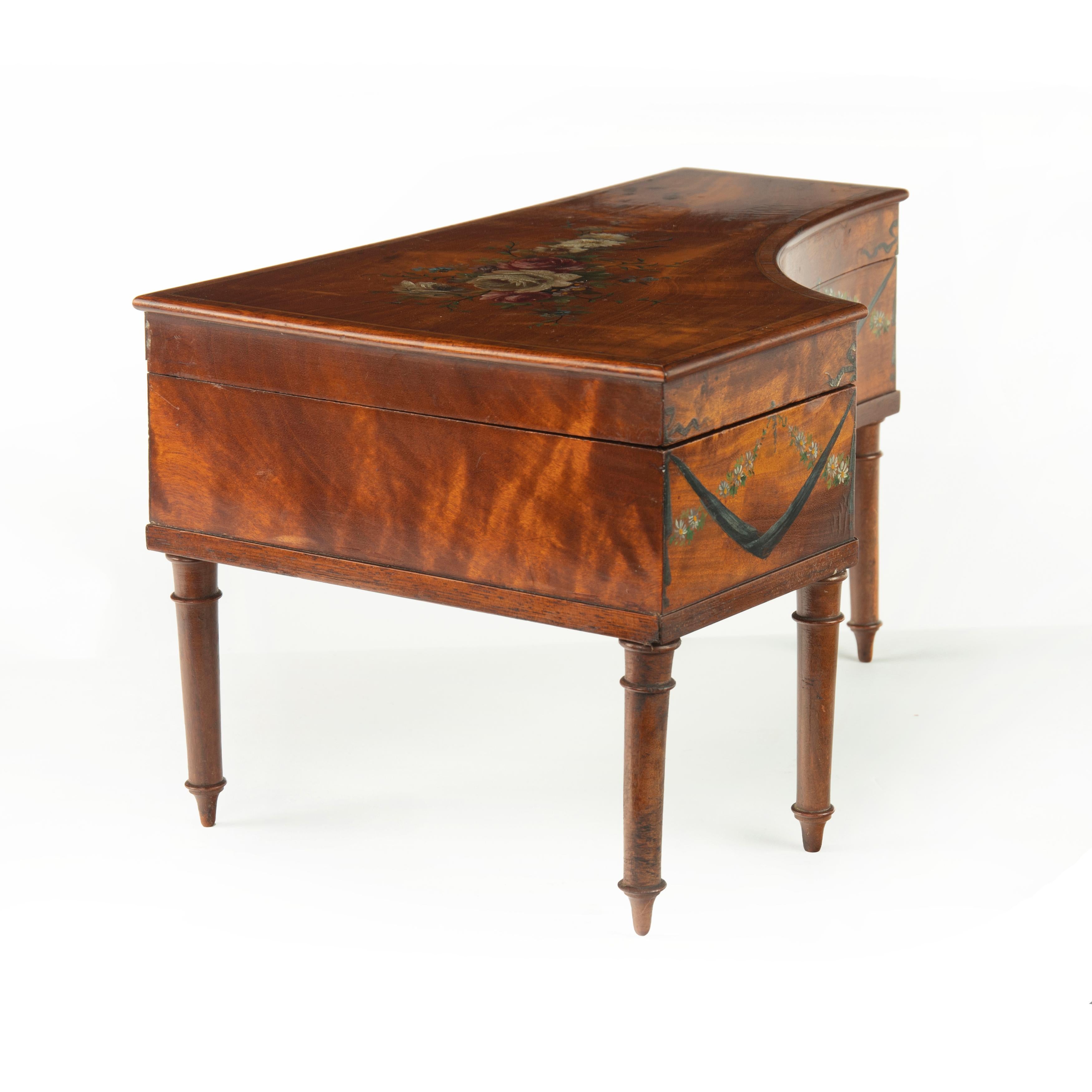 Irish Miniature Satinwood Piano Sewing Box Painted by Herbert Cooper In Good Condition For Sale In Lymington, Hampshire