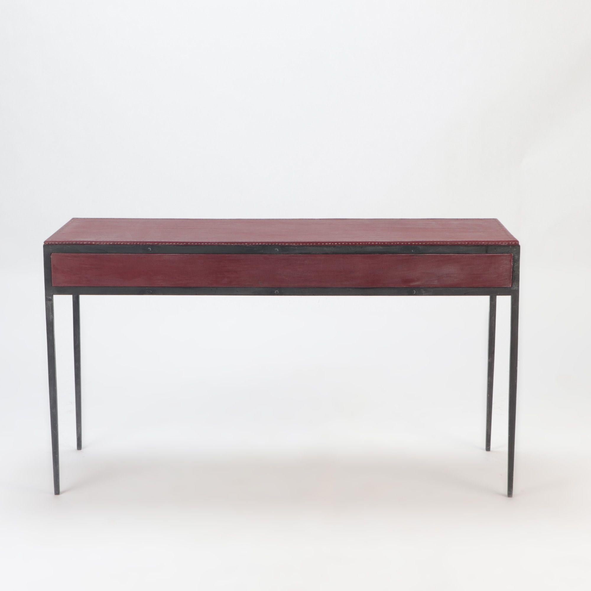 Iron and Burgundy Leather Writing Desk, Contemporary In Good Condition For Sale In Philadelphia, PA