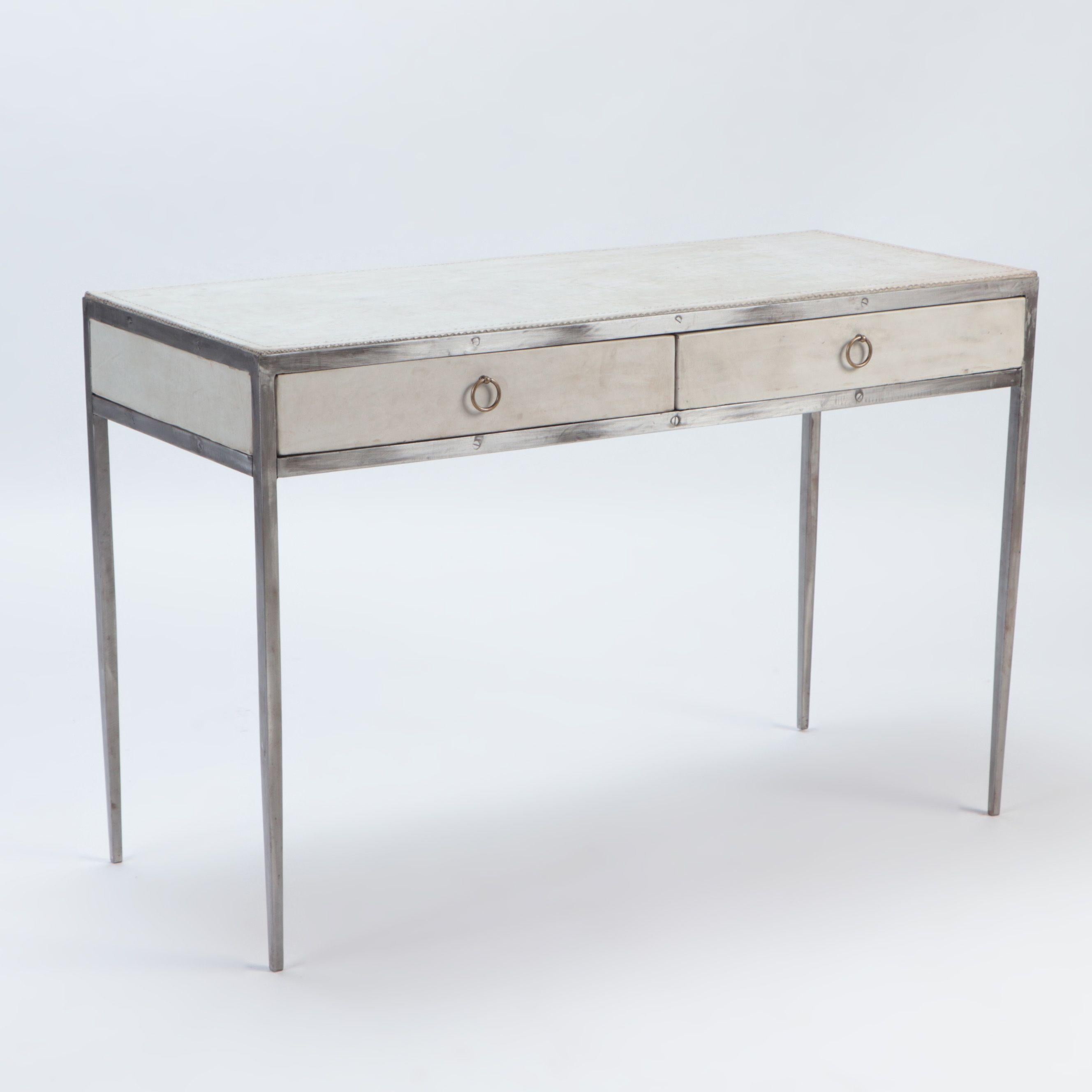 Mid-Century Modern Iron and Parchment Two Drawers Desk, Contemporary