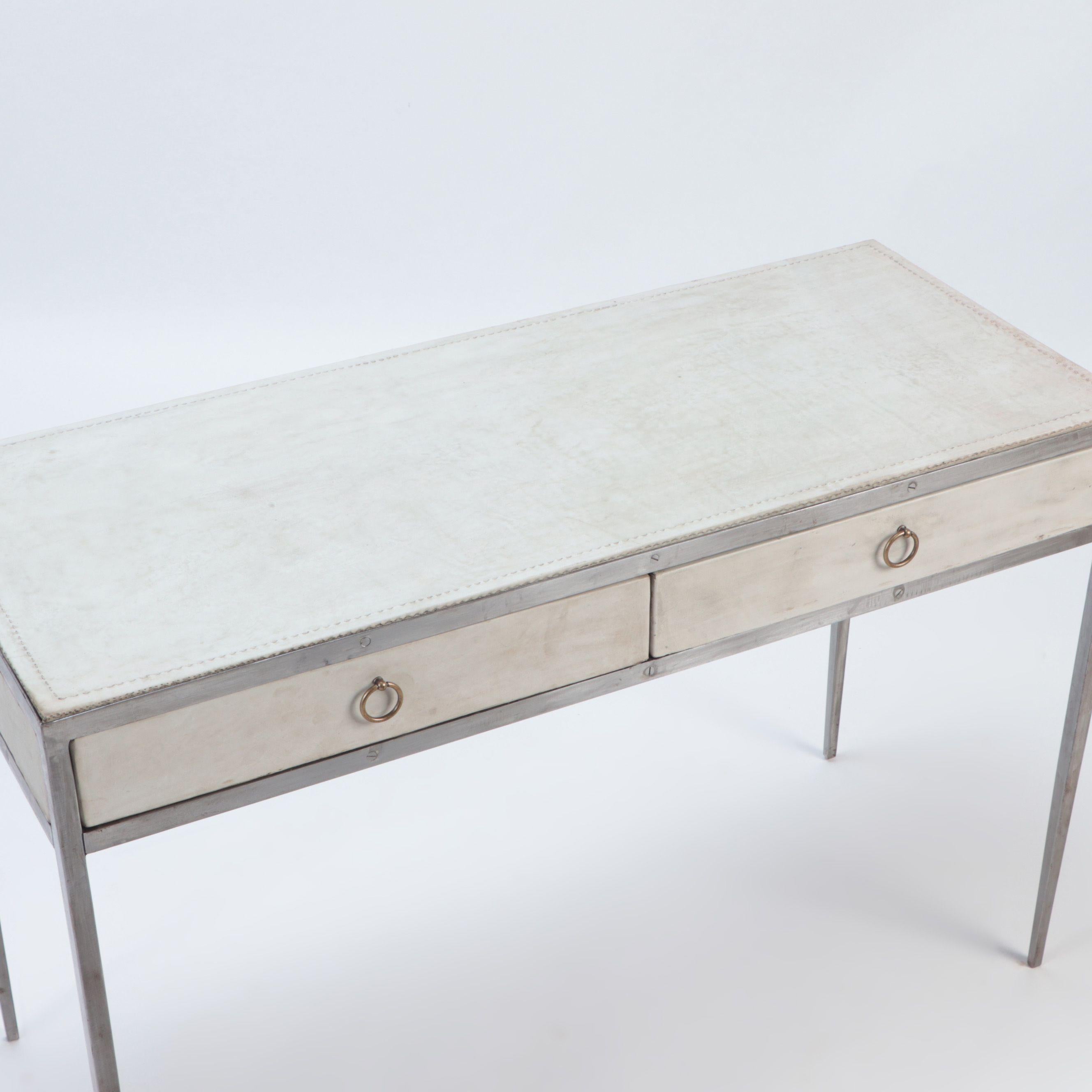 Iron and Parchment Two Drawers Desk, Contemporary In Good Condition In Philadelphia, PA