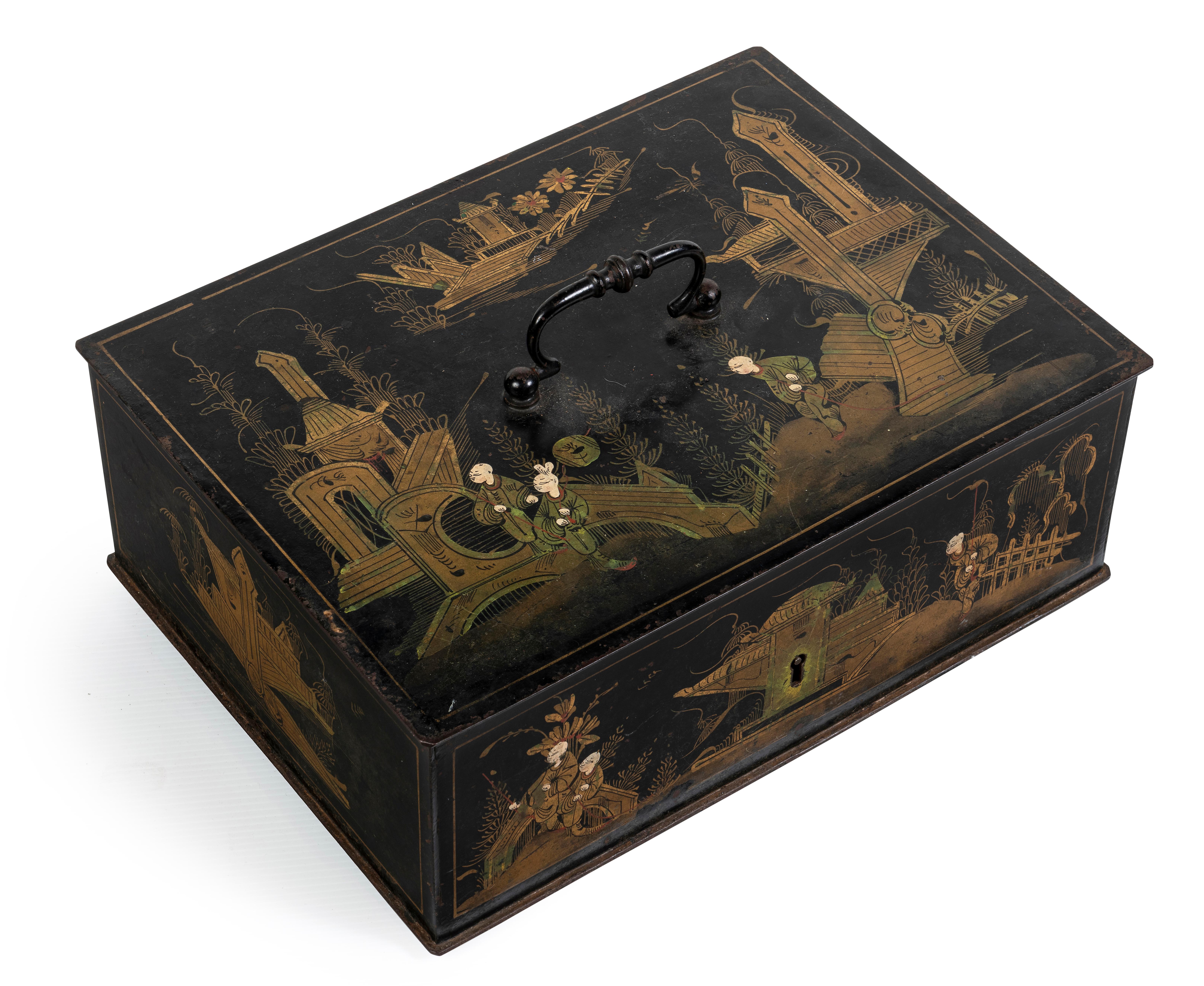 An Iron Chinoiserie Box, 19th Century

Description: 
The iron box rectangular in form, with brass drop handle affixed to flat top with gilt work figurative scene, further gilt work scenes decorating the four side panels, keyhole centred on front