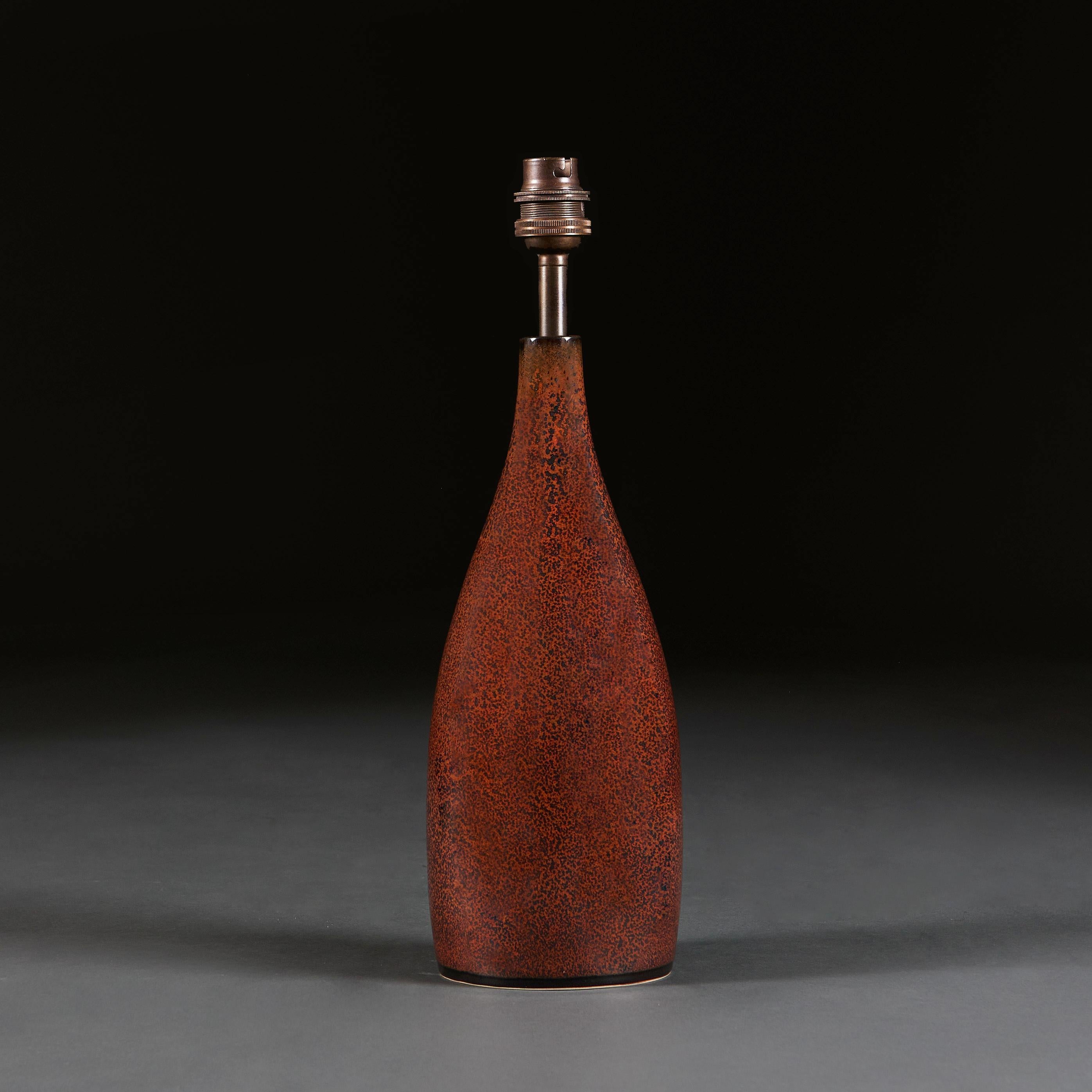 English Ironspot Glaze Bottle Vase as a Lamp For Sale