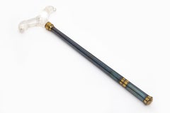 An Islamic/Mogul Blued Steel & Gold Inlay Rock Crystal Rams Head Handle Cane