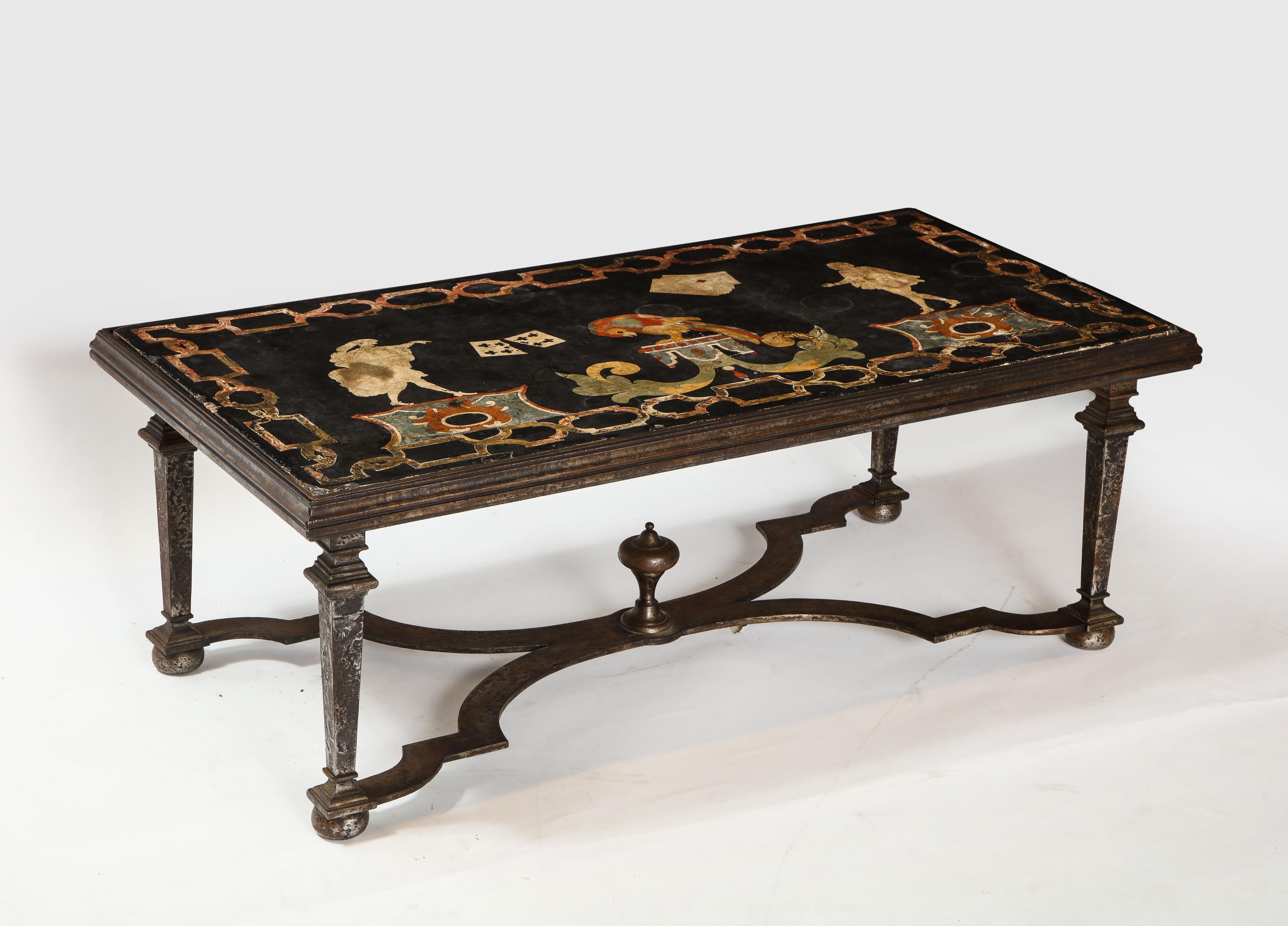 Greco Roman Italian 17th Century Scagliola Panel Mounted on Iron Base as a Coffee Table