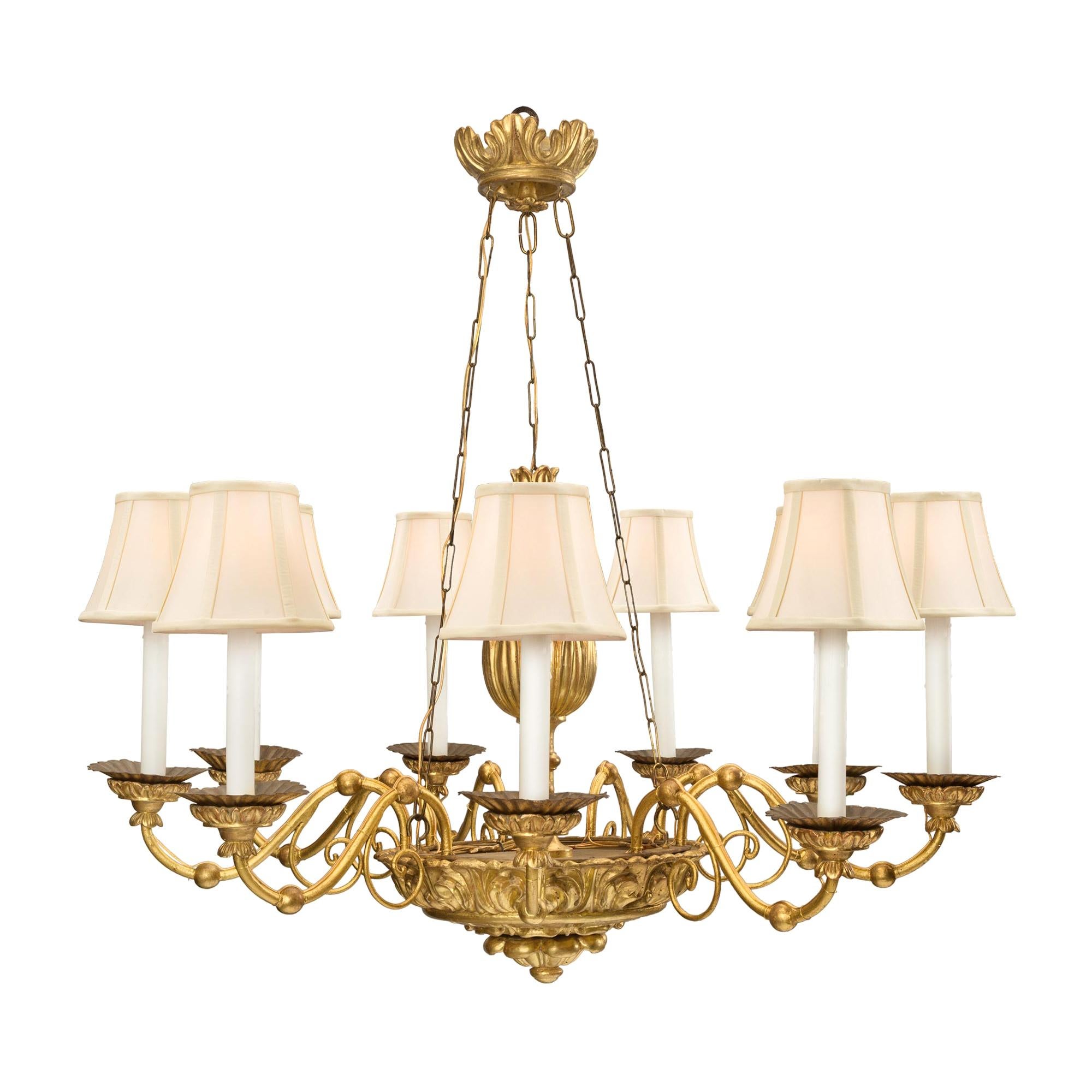 Italian 18th Century Giltwood and Iron Nine-Arm Chandelier from Luca