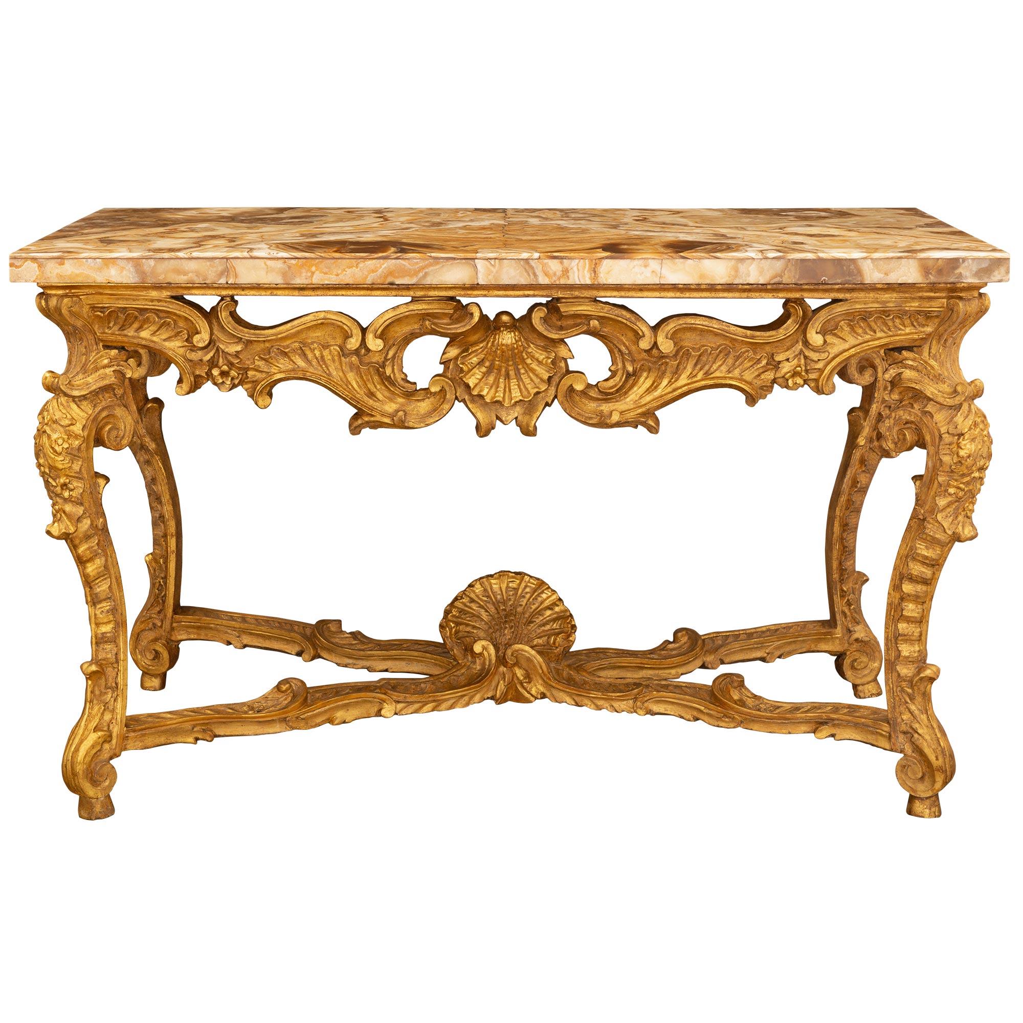 Co. italienne du 18ème siècle d'époque Louis XV en bois doré et marbre Fiorito d'albâtre Bon état - En vente à West Palm Beach, FL