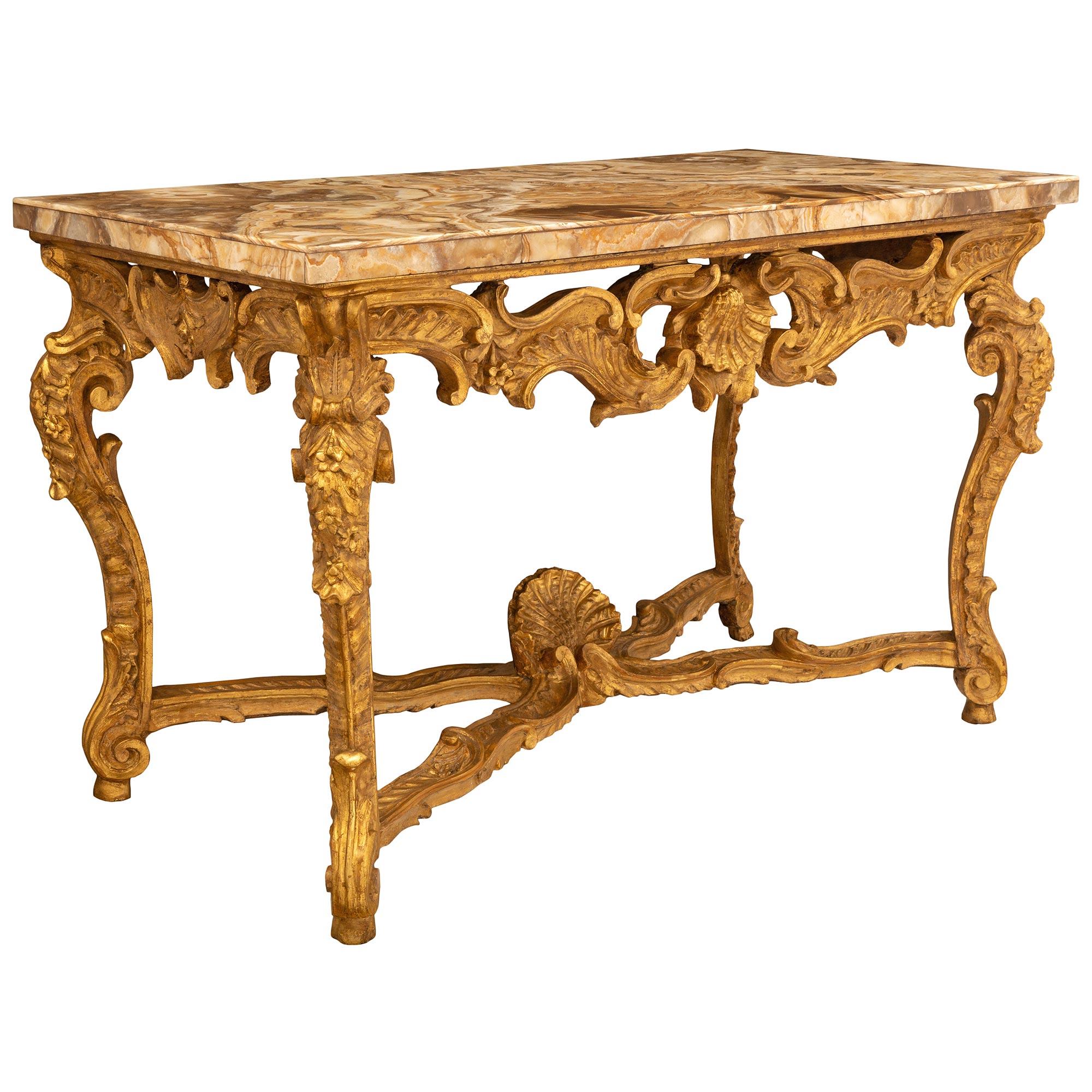 XVIIIe siècle et antérieur Co. italienne du 18ème siècle d'époque Louis XV en bois doré et marbre Fiorito d'albâtre en vente