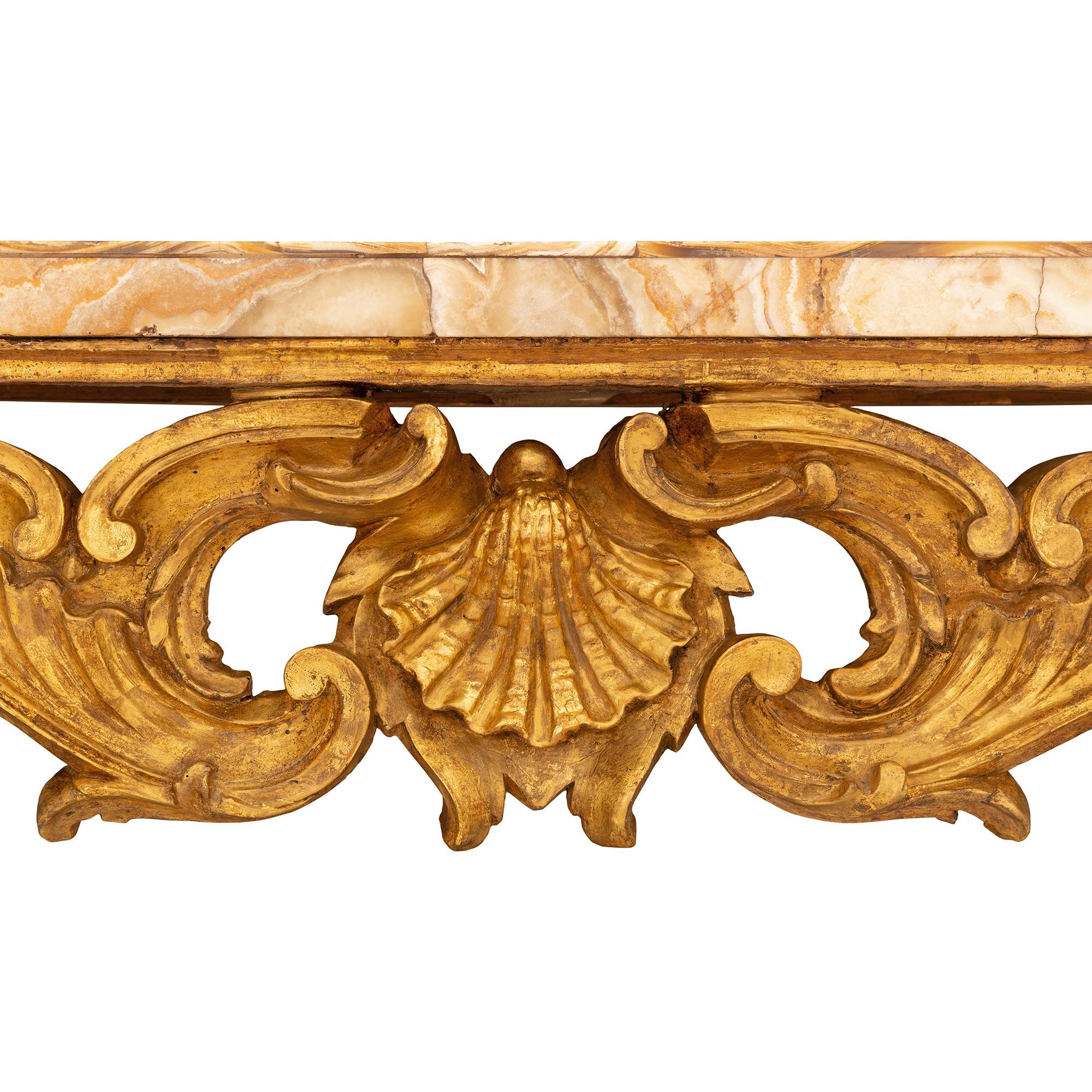 Co. italienne du 18ème siècle d'époque Louis XV en bois doré et marbre Fiorito d'albâtre en vente 3