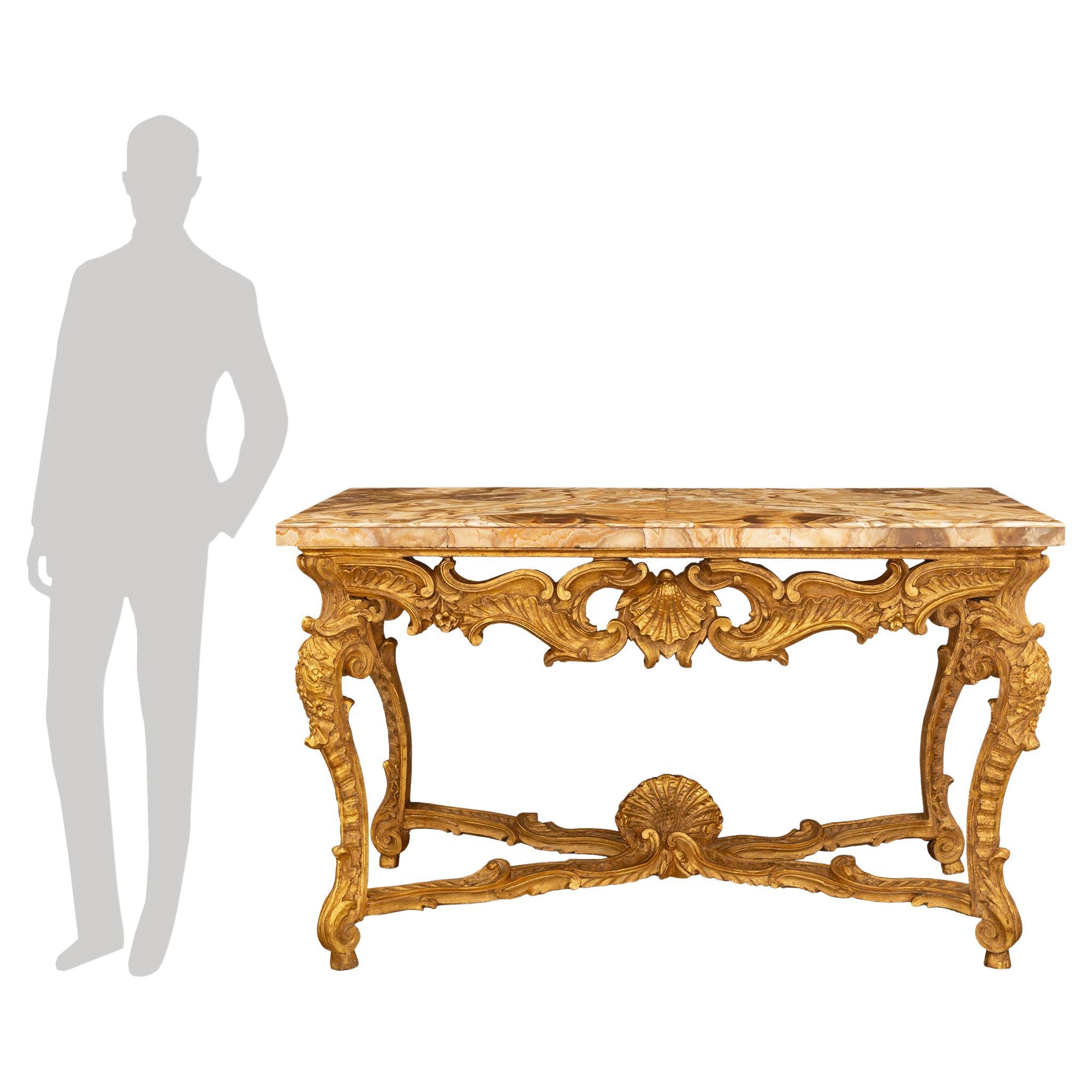 Co. italienne du 18ème siècle d'époque Louis XV en bois doré et marbre Fiorito d'albâtre en vente