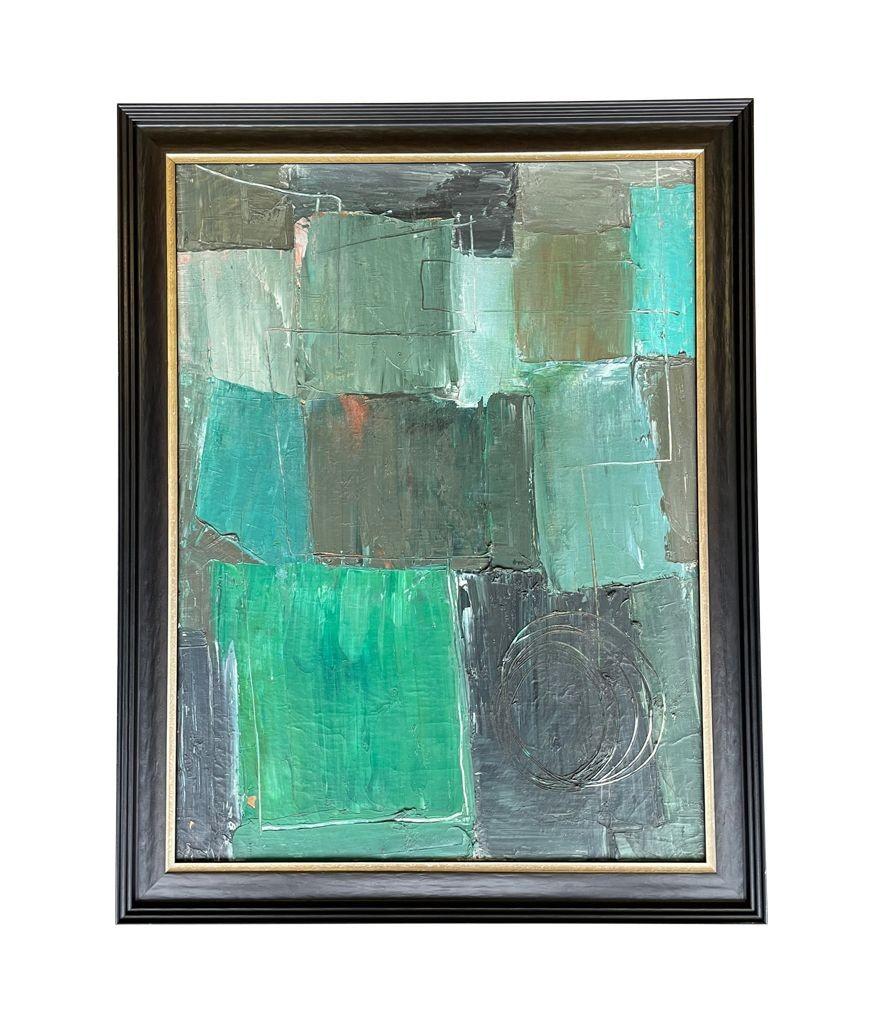 An Italian 1950s abstract oil painting framed in black and gold wooden frame. In Good Condition In London, GB