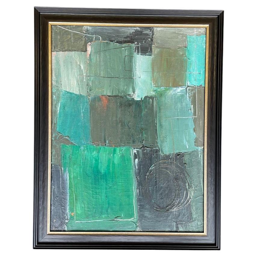 An Italian 1950s abstract oil painting framed in black and gold wooden frame. For Sale