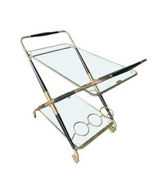 Italian 1950s Black Lacquer and Brass Folding Bar Trolley by Cesare Lacca