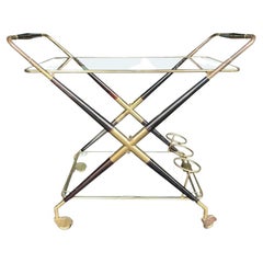 Italian 1950s Black Lacquer and Brass Folding Bar Trolley by Cesare Lacca