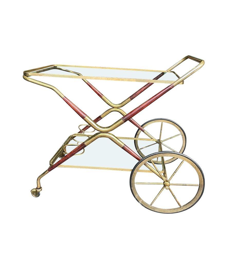 Italian 1950s Cesare Lacca Wood and Brass Bar Cart Trolley with Drink Holder For Sale 7